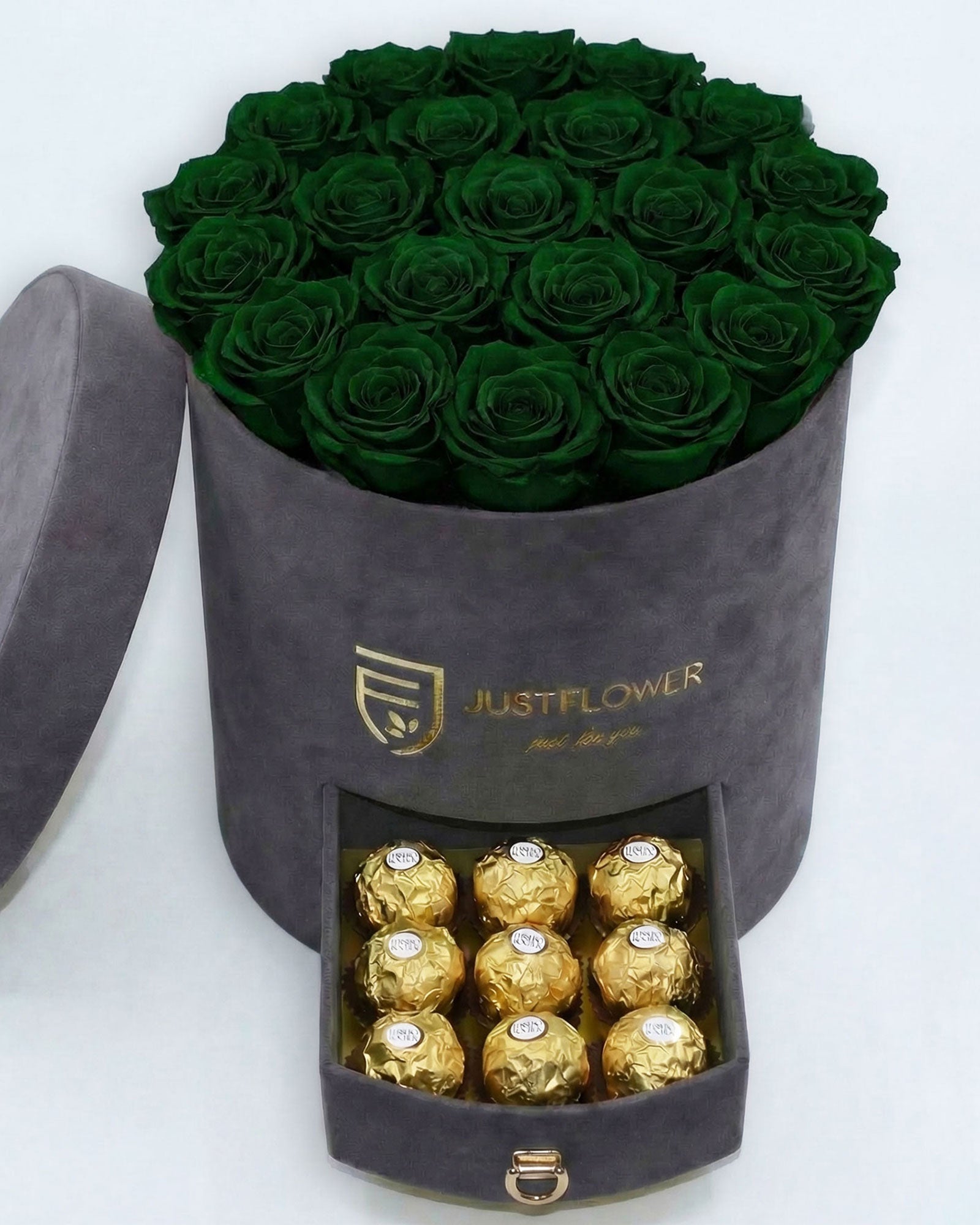 Rosenbox Rund Large Grau Velvet mit grünen Infinity Rosen und integrierter Schublade – moderne und aussergewöhnliche Rosenbox