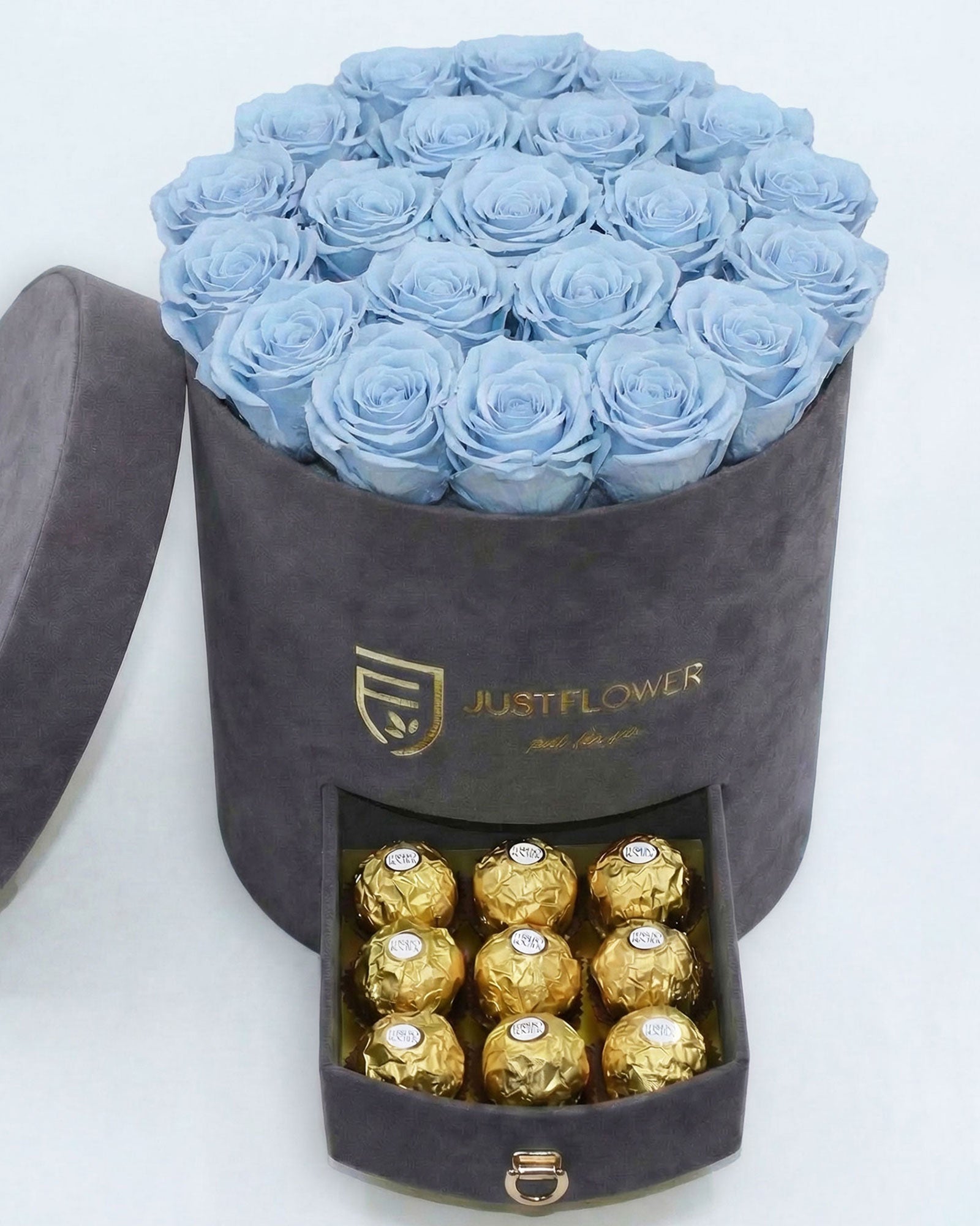 Rosenbox Rund Large Grau Velvet mit hellblauen Infinity Rosen und integrierter Schublade – frische und moderne Blumenbox