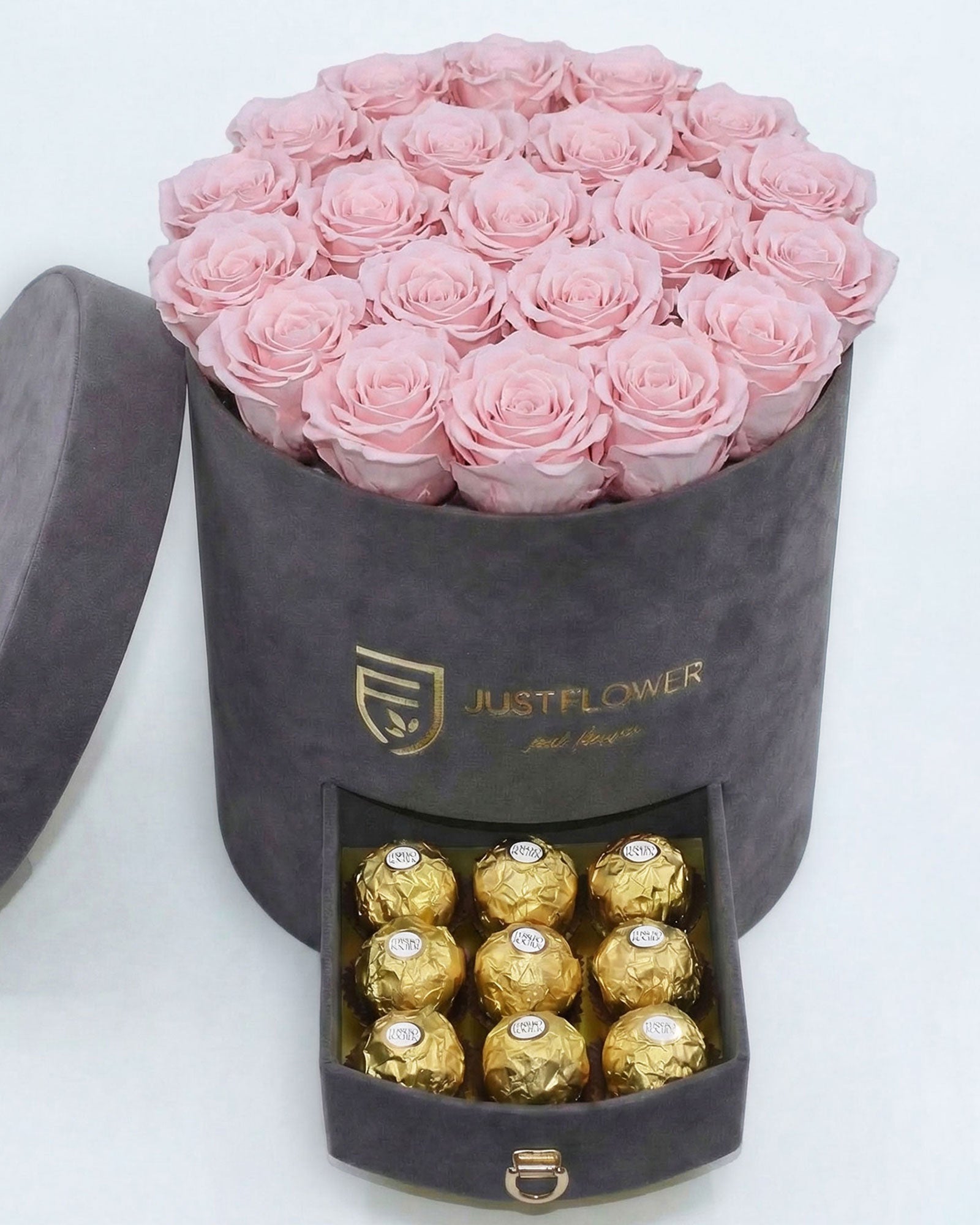 Rosenbox Rund Large Grau Velvet mit hellrosa Infinity Rosen und Schublade – sanfte und elegante Geschenkidee
