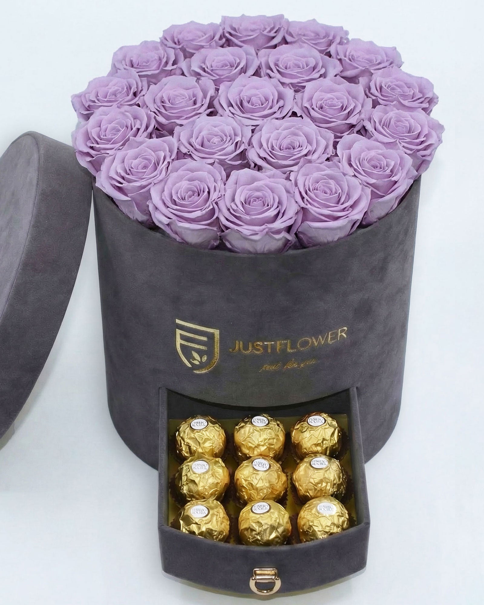 Rosenbox Rund Large Grau Velvet mit lila Infinity Rosen und Schublade – auffällige und stilvolle Geschenkbox