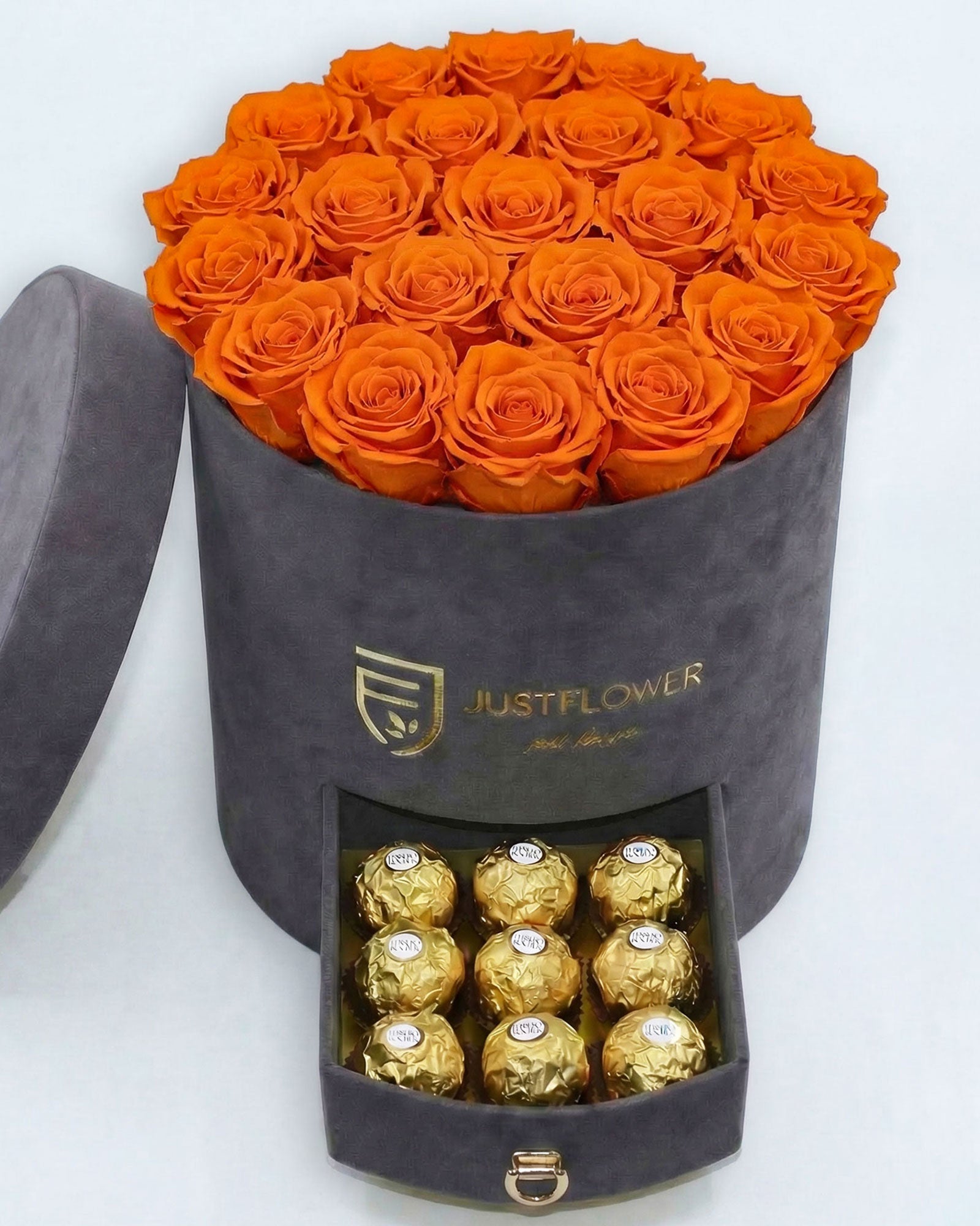 Rosenbox Rund Large Grau Velvet mit orangefarbenen Infinity Rosen und Schublade – lebendige und stilvolle Geschenkidee