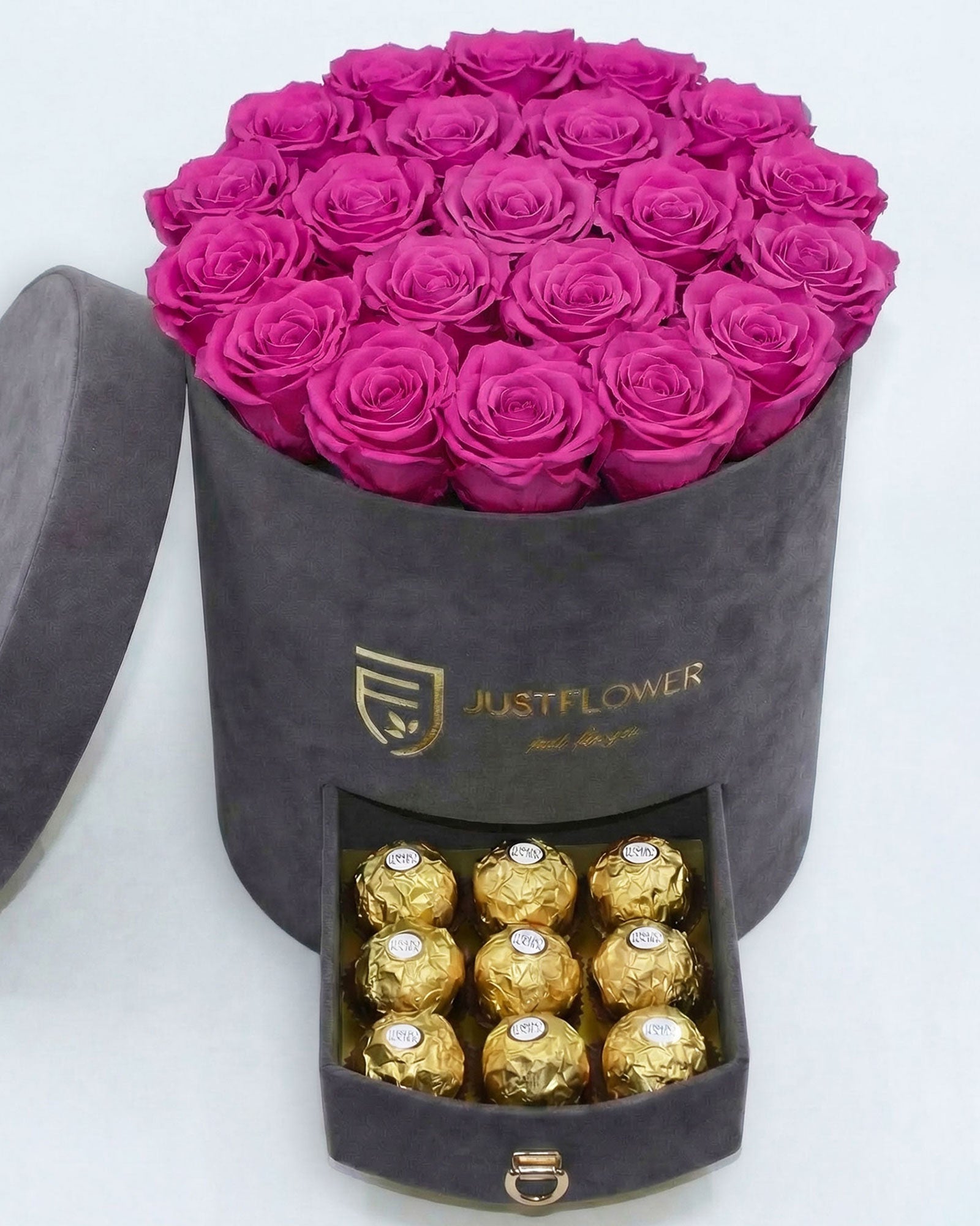 Rosenbox Rund Large Grau Velvet mit rosa Infinity Rosen und integrierter Schublade – harmonische und stilvolle Blumenbox