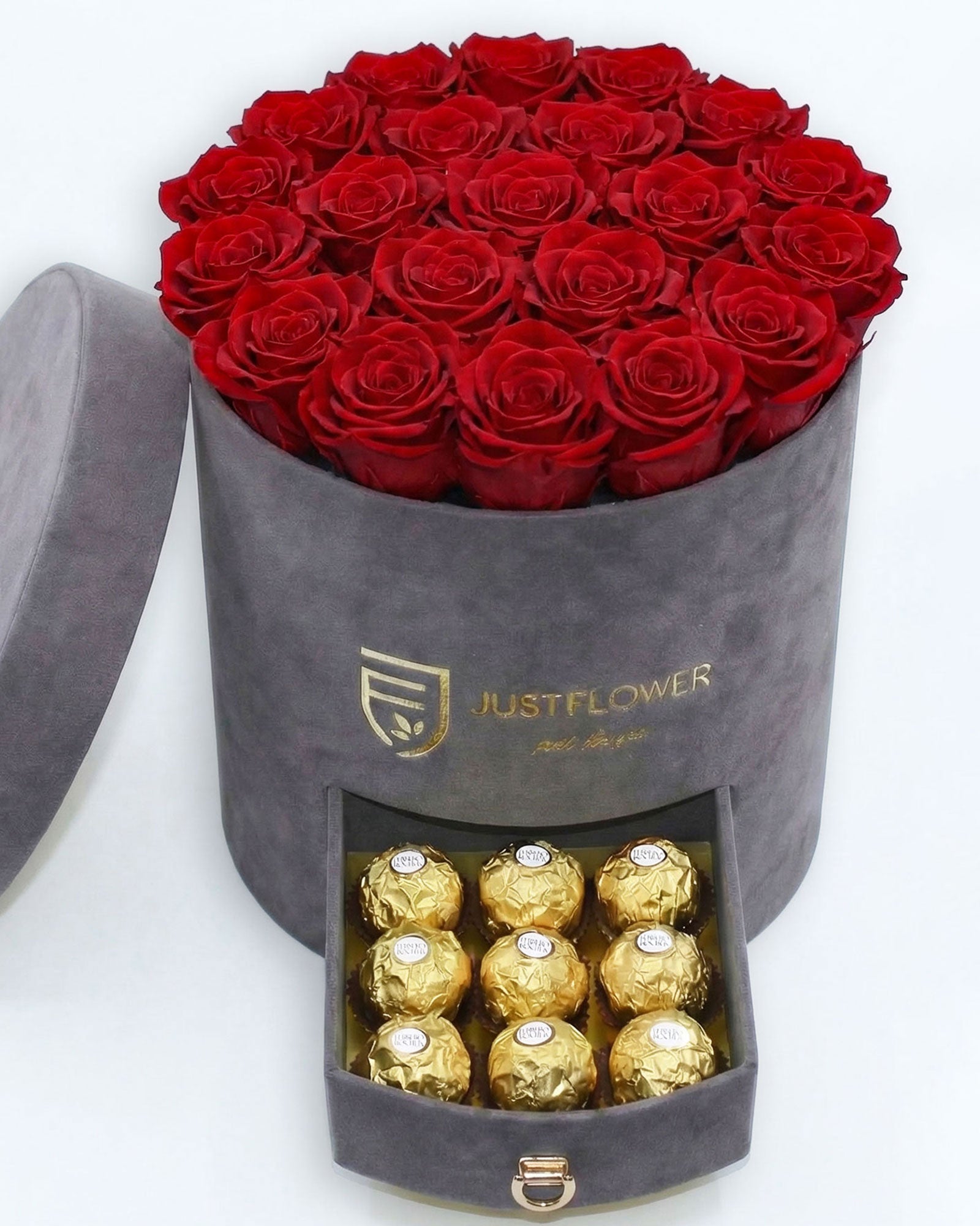 Rosenbox Rund Large Grau Velvet mit roten Infinity Rosen und Schublade – elegante und kontrastreiche Geschenkidee
