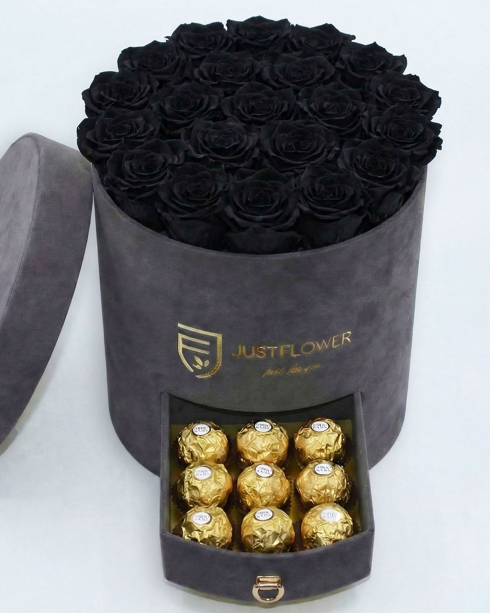 Rosenbox Rund Large Grau Velvet mit schwarzen Infinity Rosen und integrierter Schublade – modernes und minimalistisches Design