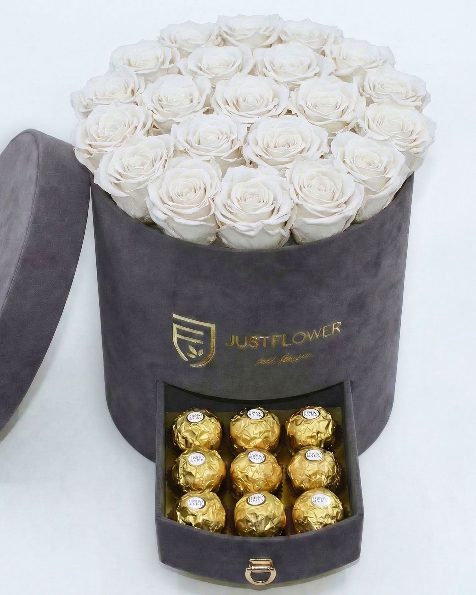 Rosenbox Rund Large Grau Velvet mit weissen Infinity Rosen und Schublade – zeitlose und elegante Rosenbox