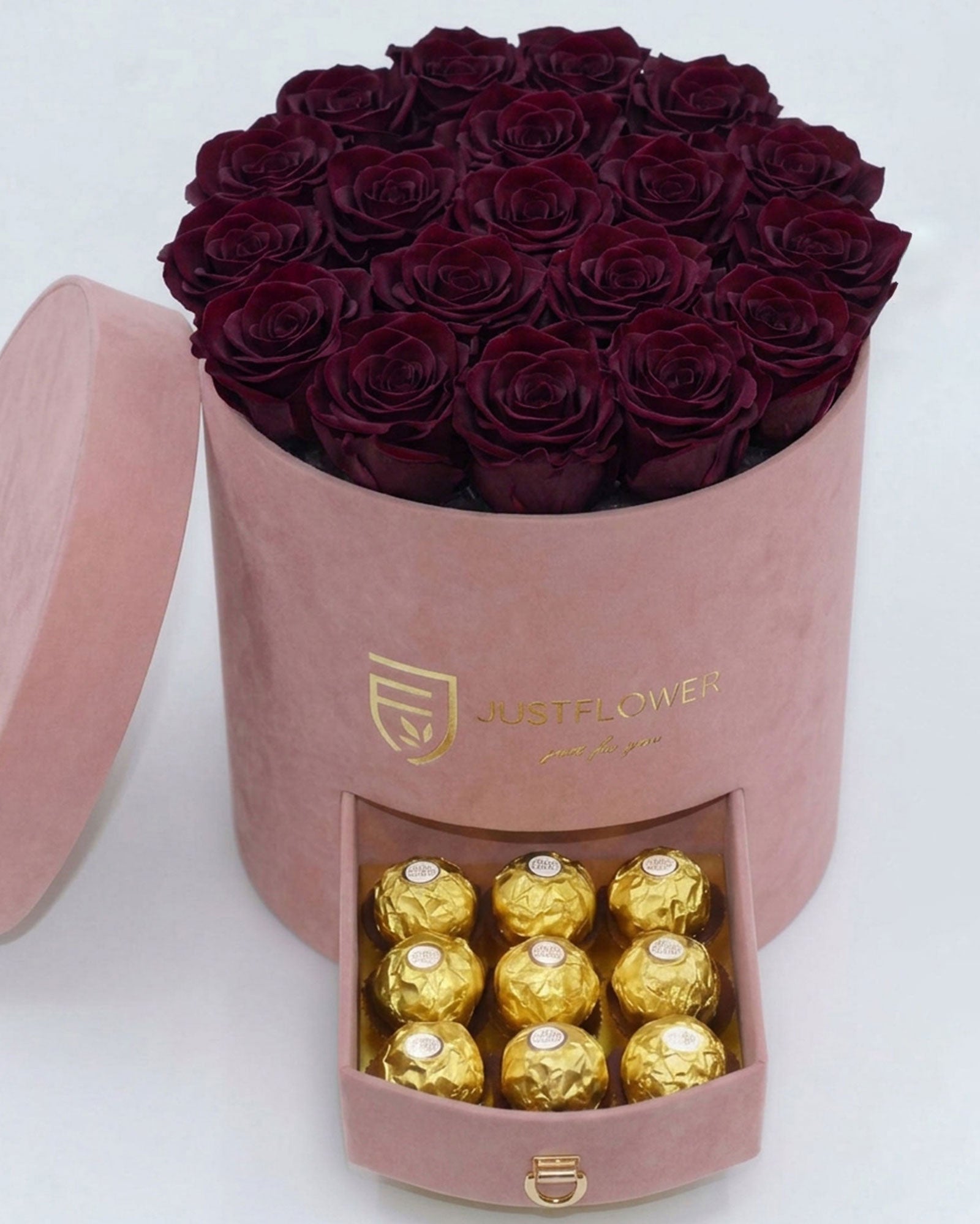 Rosenbox Rund Large Hellrosa Velvet mit burgundfarbenen Infinity Rosen und integrierter Schublade – luxuriöse und elegante Kombination