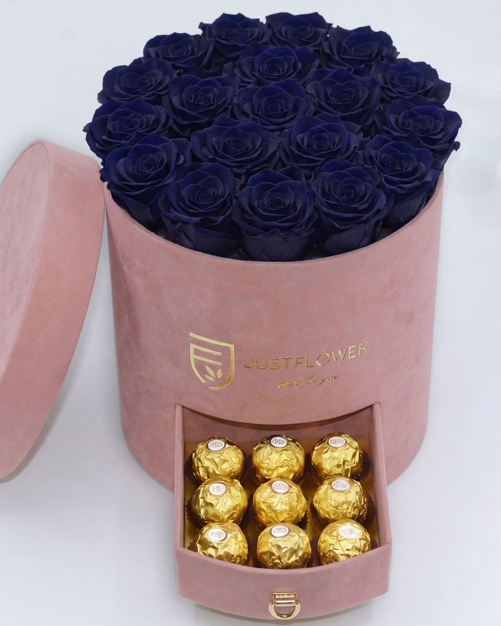 Rosenbox Rund Large Hellrosa Velvet mit dunkelblauen Infinity Rosen und Schublade – edles und kontrastreiches Design