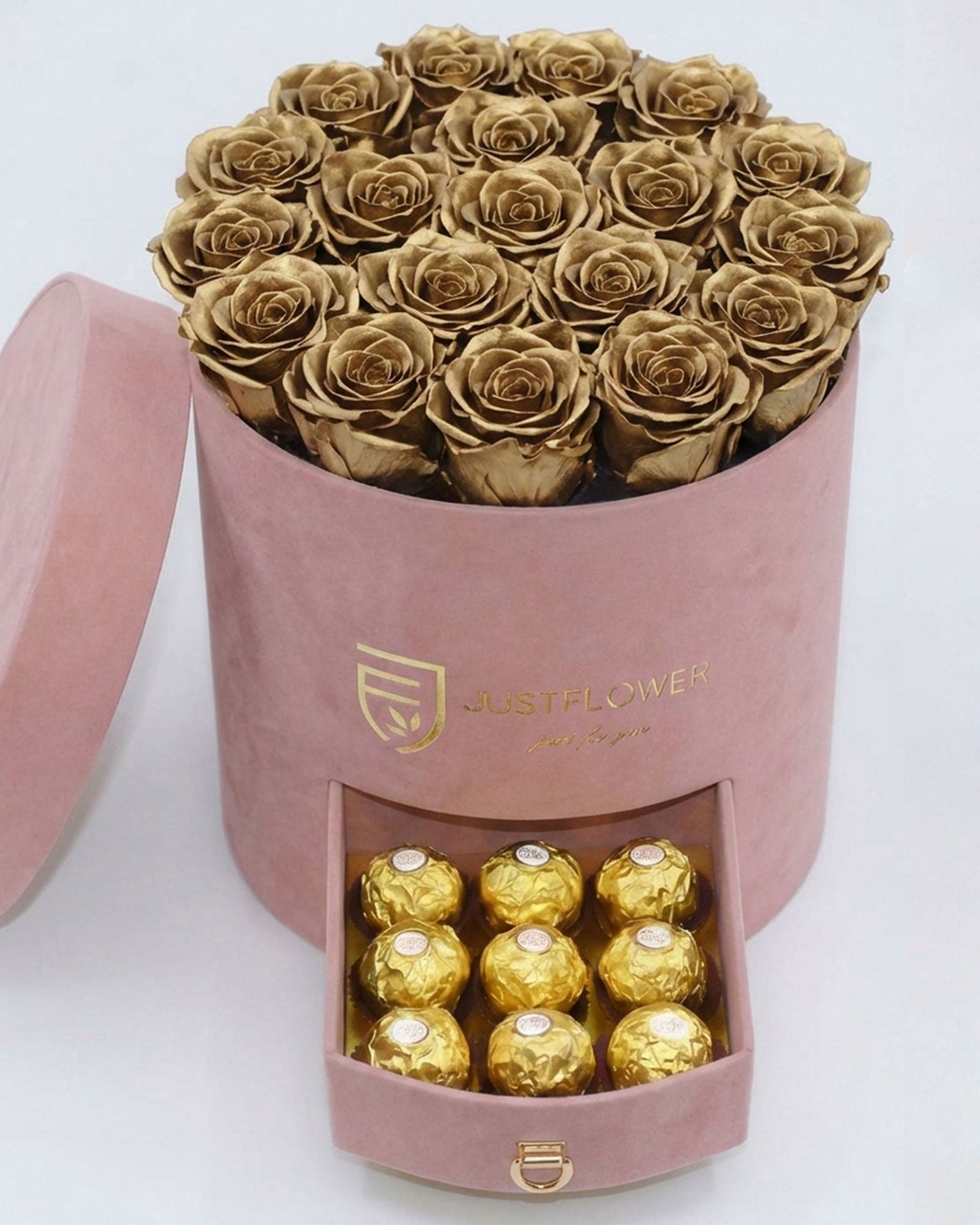 Rosenbox Rund Large Hellrosa Velvet mit goldenen Infinity Rosen und integrierter Schublade – luxuriöse Rosenbox für exklusive Geschenke