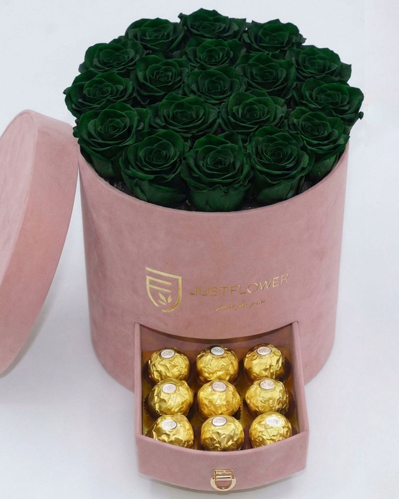 Rosenbox Rund Large Hellrosa Velvet mit grünen Infinity Rosen und integrierter Schublade – aussergewöhnliche und moderne Geschenkidee