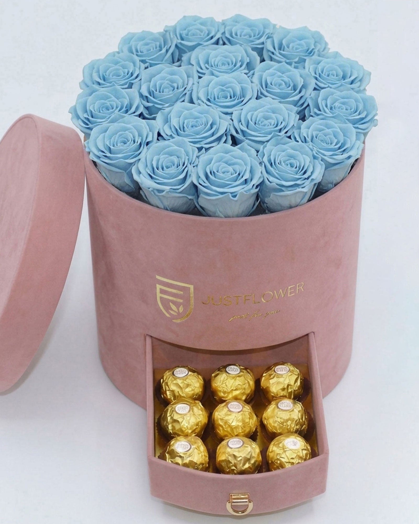 Rosenbox Rund Large Hellrosa Velvet mit hellblauen Infinity Rosen und integrierter Schublade – kreative und moderne Rosenbox