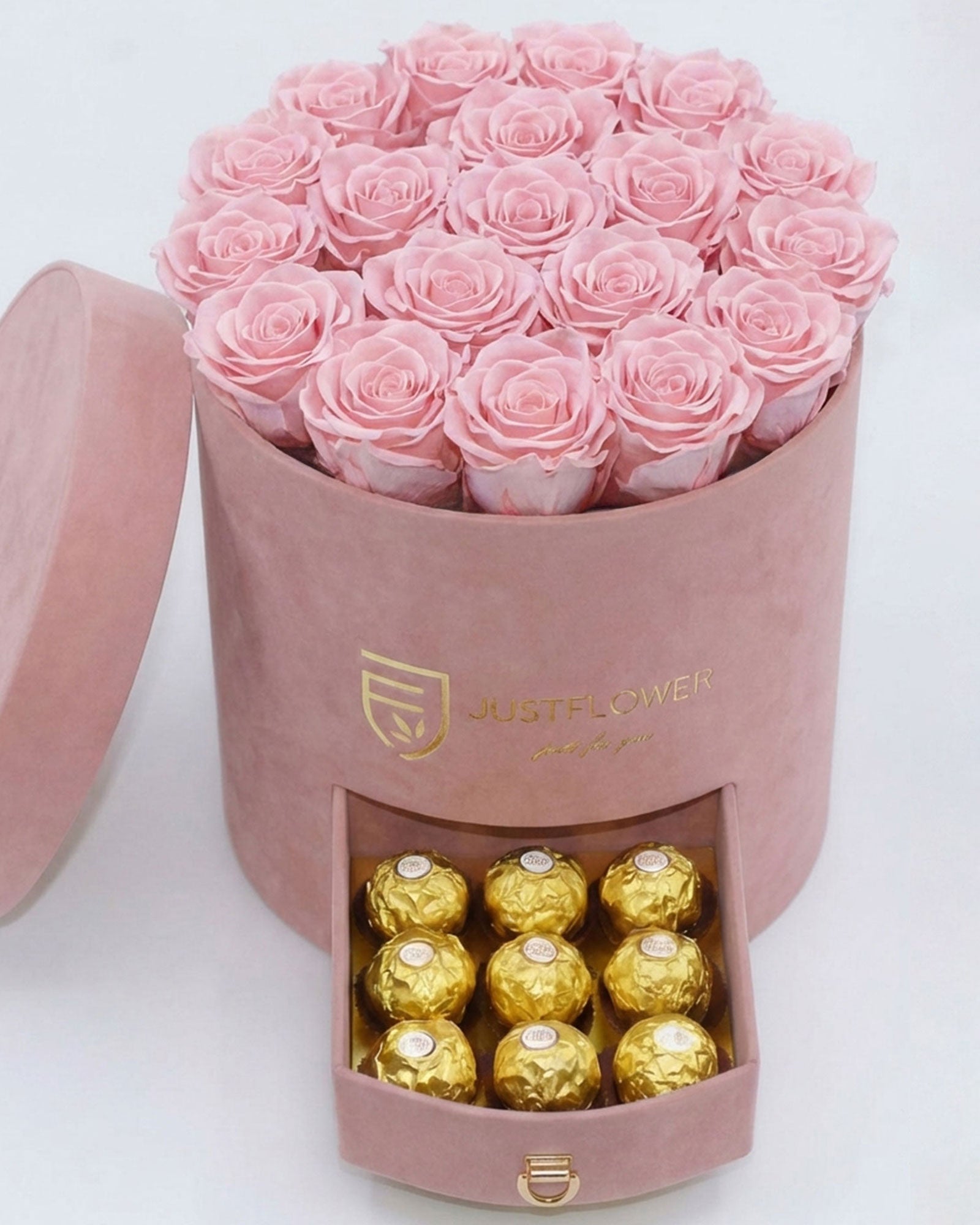 Rosenbox Rund Large in Hellrosa Velvet mit ca. 16–20 Infinity Rosen in Hellrosa und integrierter Schublade – elegante Geschenkbox von JustFlower Schweiz