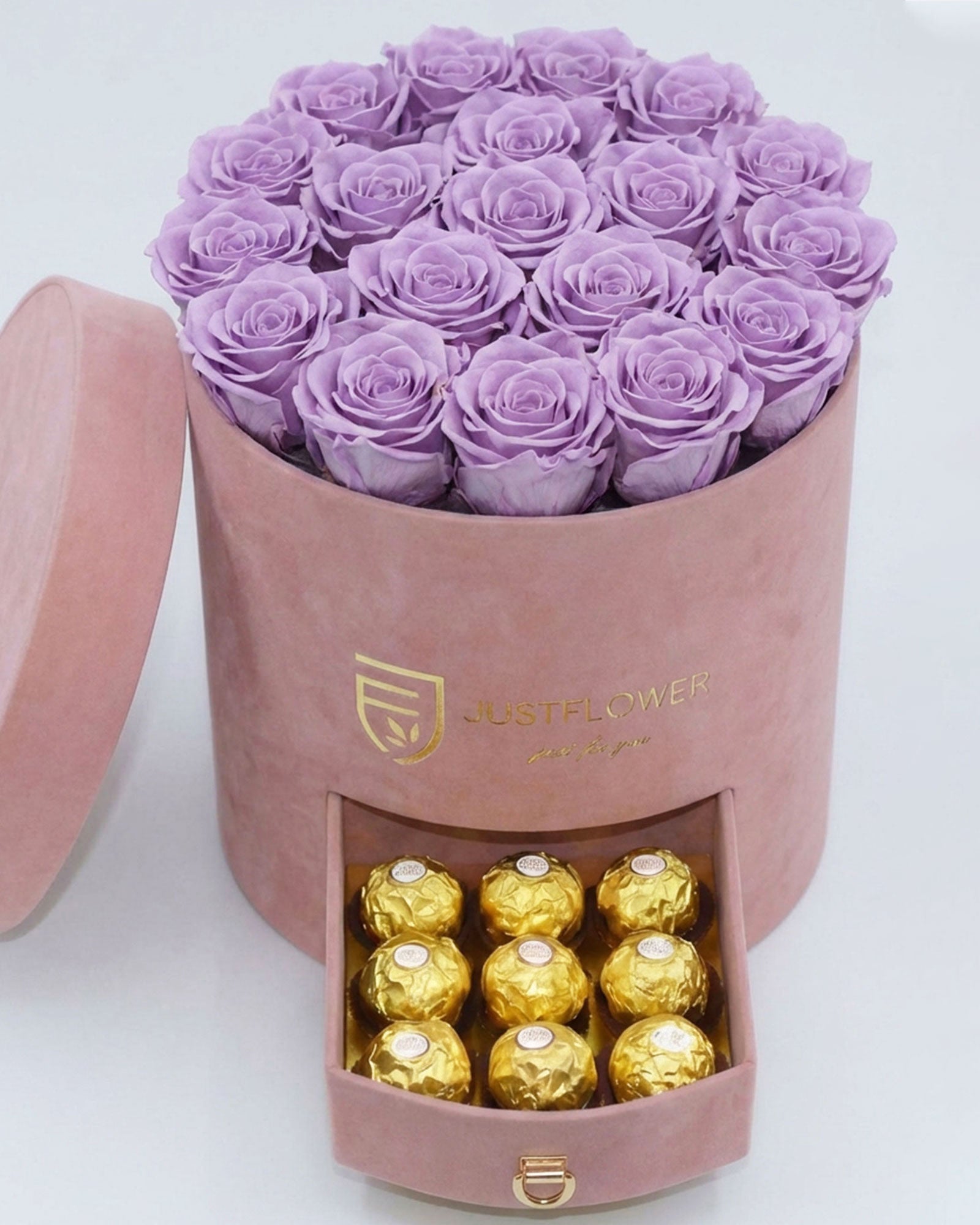 Rosenbox Rund Large Hellrosa Velvet mit lila Infinity Rosen und Schublade – auffällige und stilvolle Geschenkidee