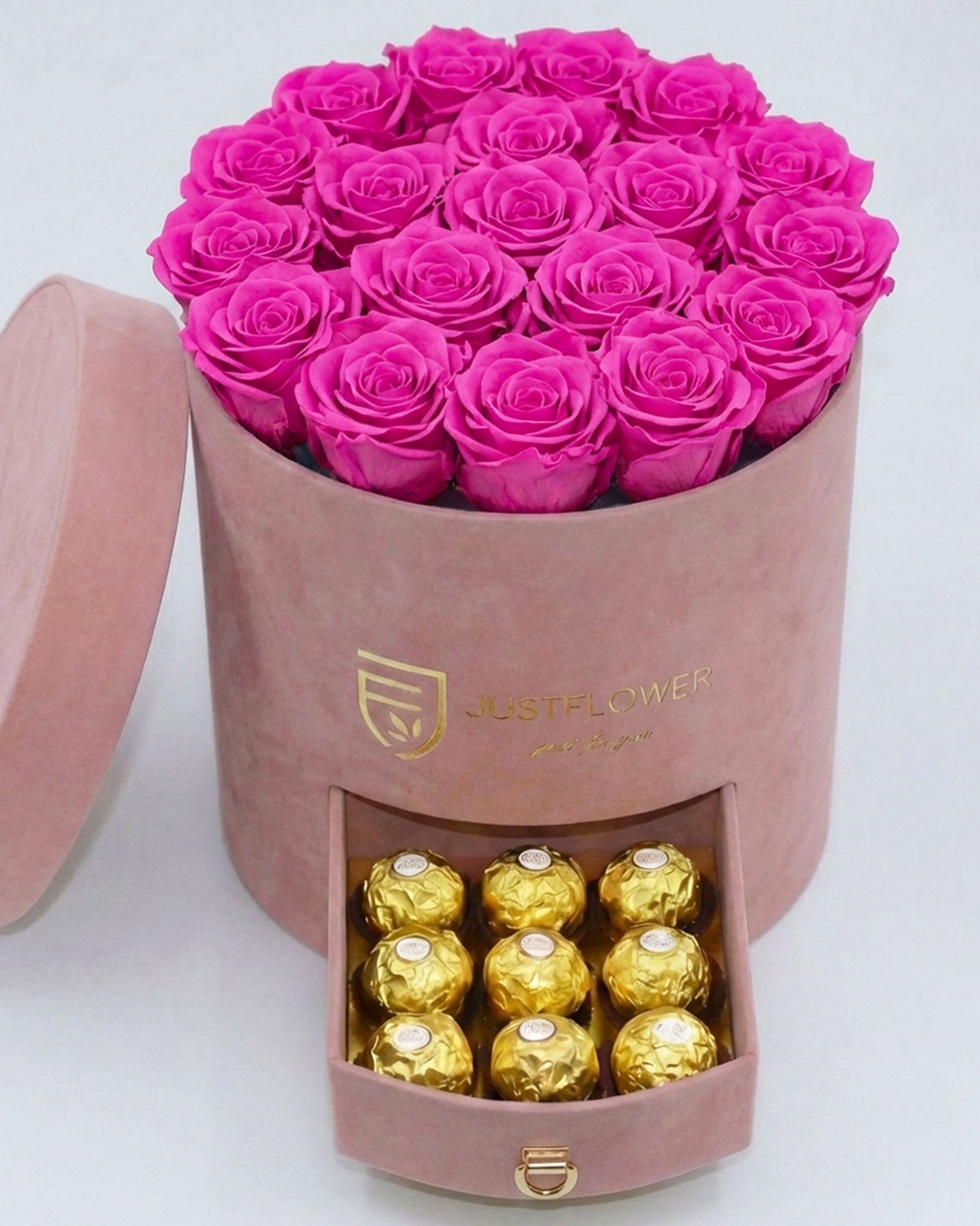 Rosenbox Rund Large Hellrosa Velvet mit rosa Infinity Rosen und Schublade – harmonische und romantische Blumenbox