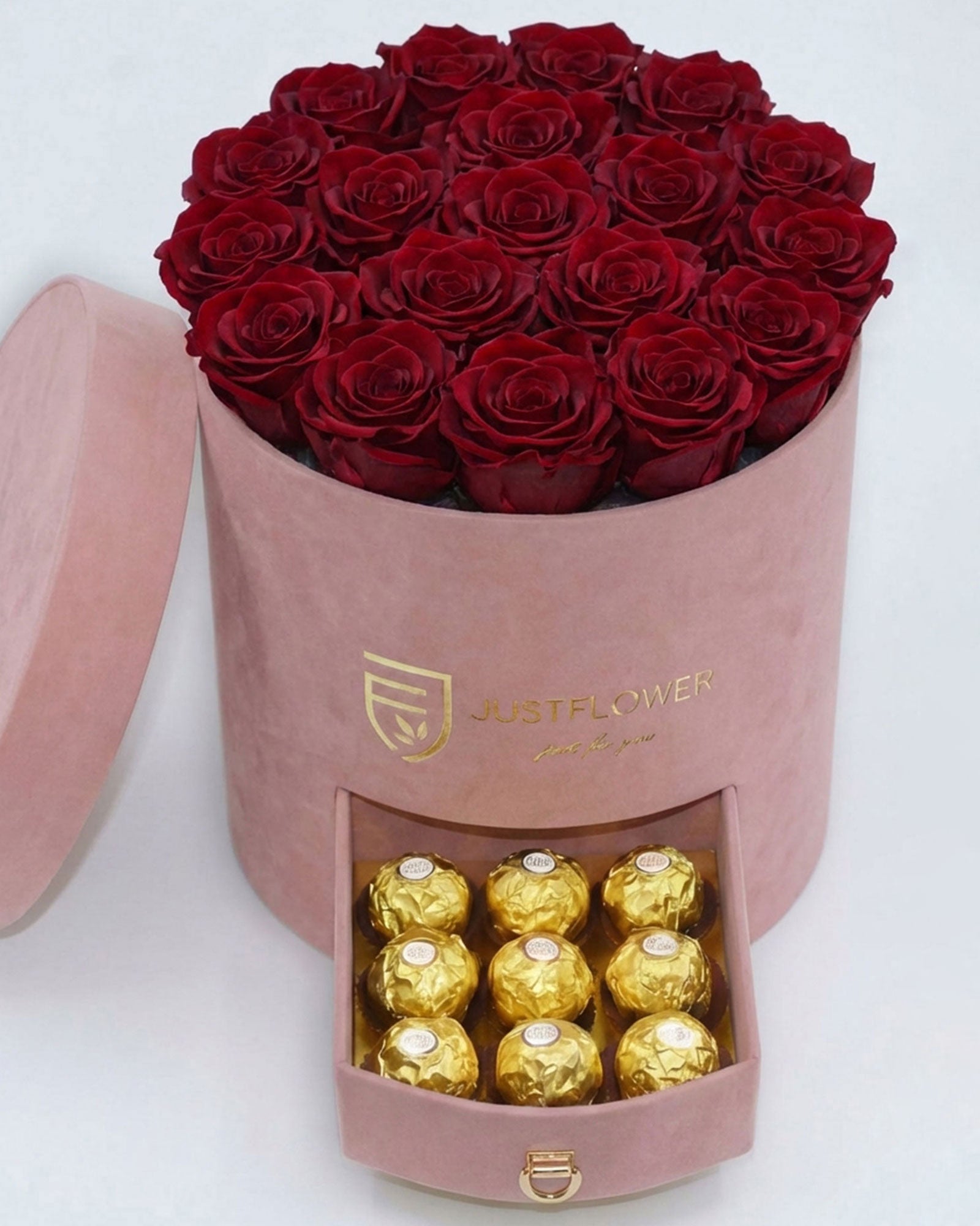 Rosenbox Rund Large Hellrosa Velvet mit roten Infinity Rosen und Schublade – romantische und auffällige Geschenkidee