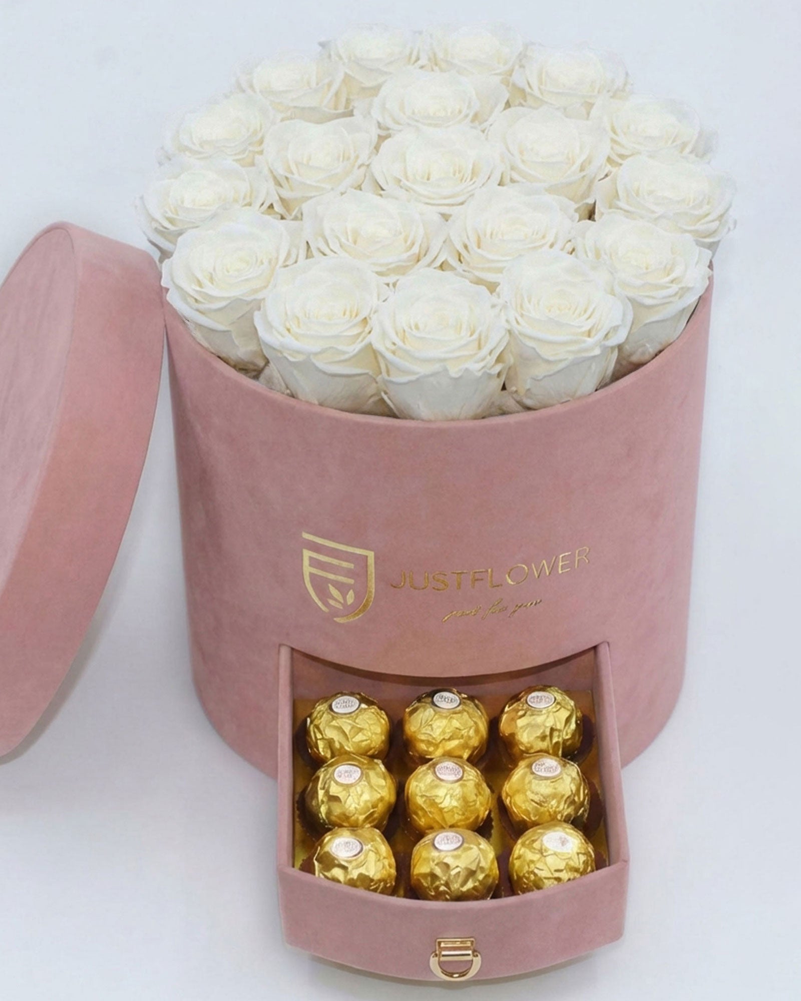 Rosenbox Rund Large Hellrosa Velvet mit weissen Infinity Rosen und Schublade – stilvolle und sanfte Rosenbox