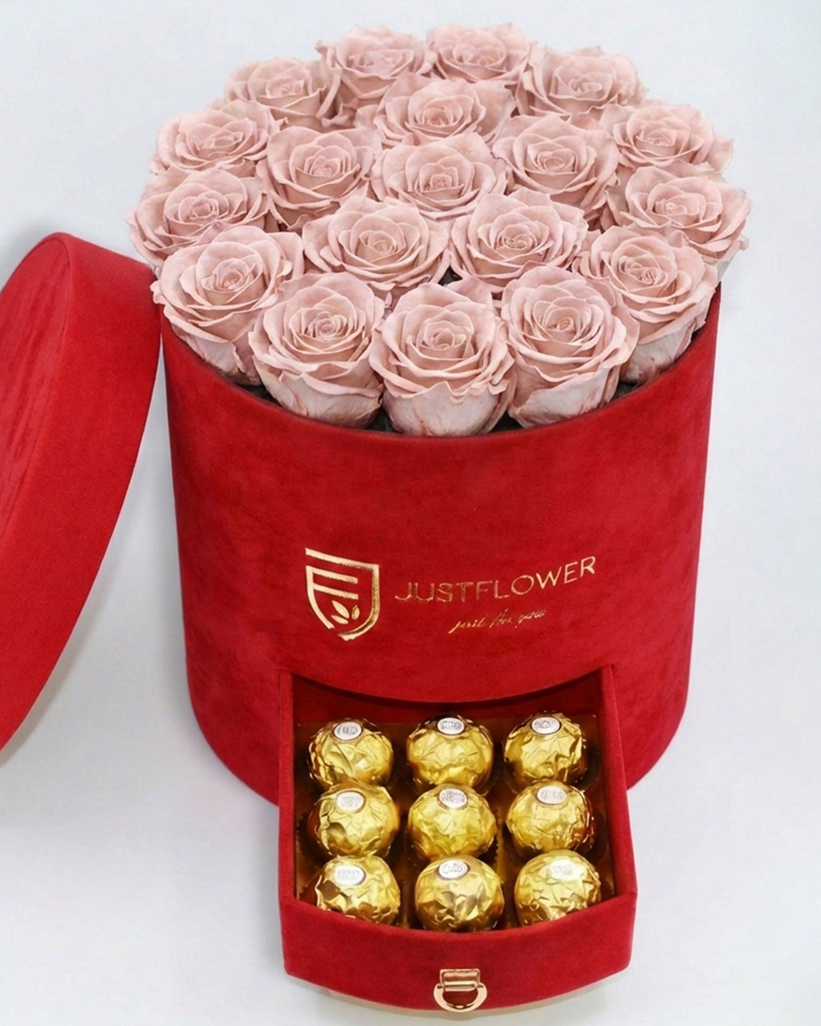 Rosenbox Rund Large Rot Velvet mit altrosa Infinity Rosen und Schublade – moderne Farbkombination mit edler Ausstrahlung