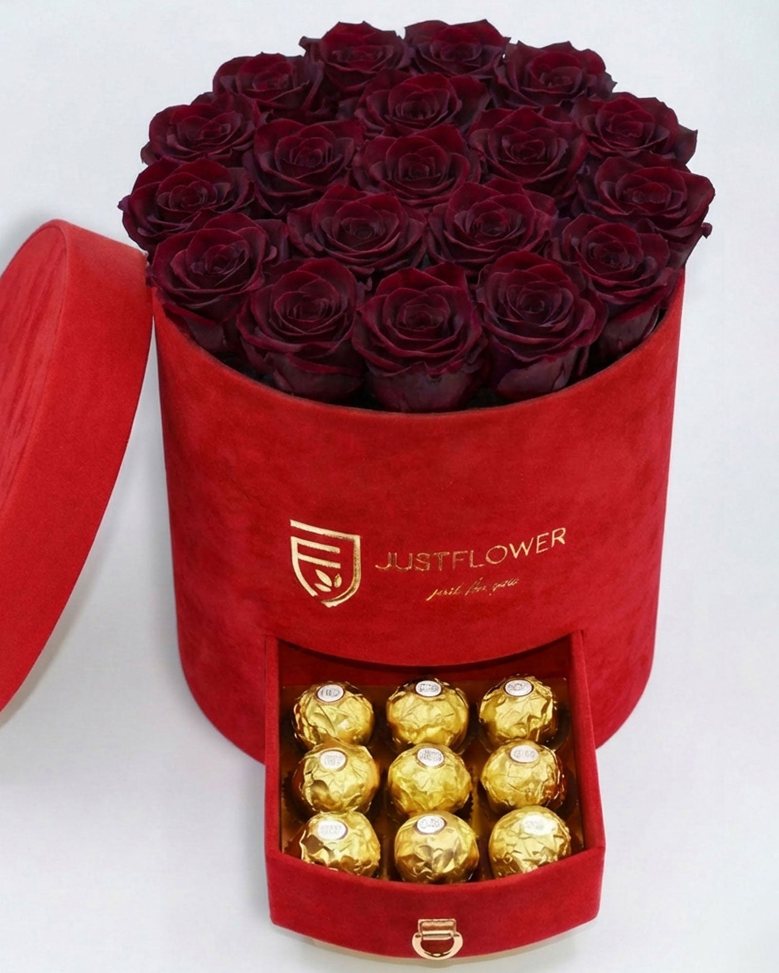 Rosenbox Rund Large in Rot Velvet mit ca. 16–20 Burgund Infinity Rosen und integrierter Schublade – romantische Geschenkidee von JustFlower Schweiz