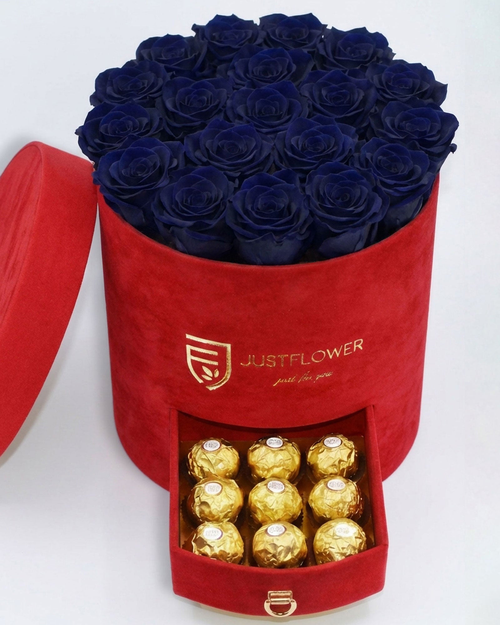Rosenbox Rund Large Rot Velvet mit dunkelblauen Infinity Rosen und integrierter Schublade – edles Design mit starkem Kontrast