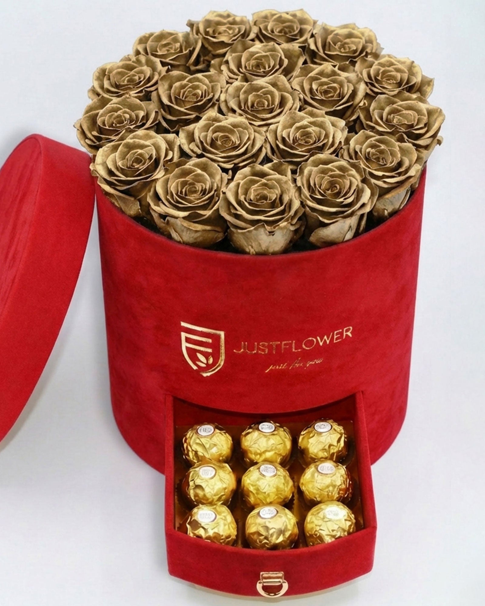 Rosenbox Rund Large Rot Velvet mit goldenen Infinity Rosen und Schublade – luxuriöse Rosenbox für exklusive Geschenke
