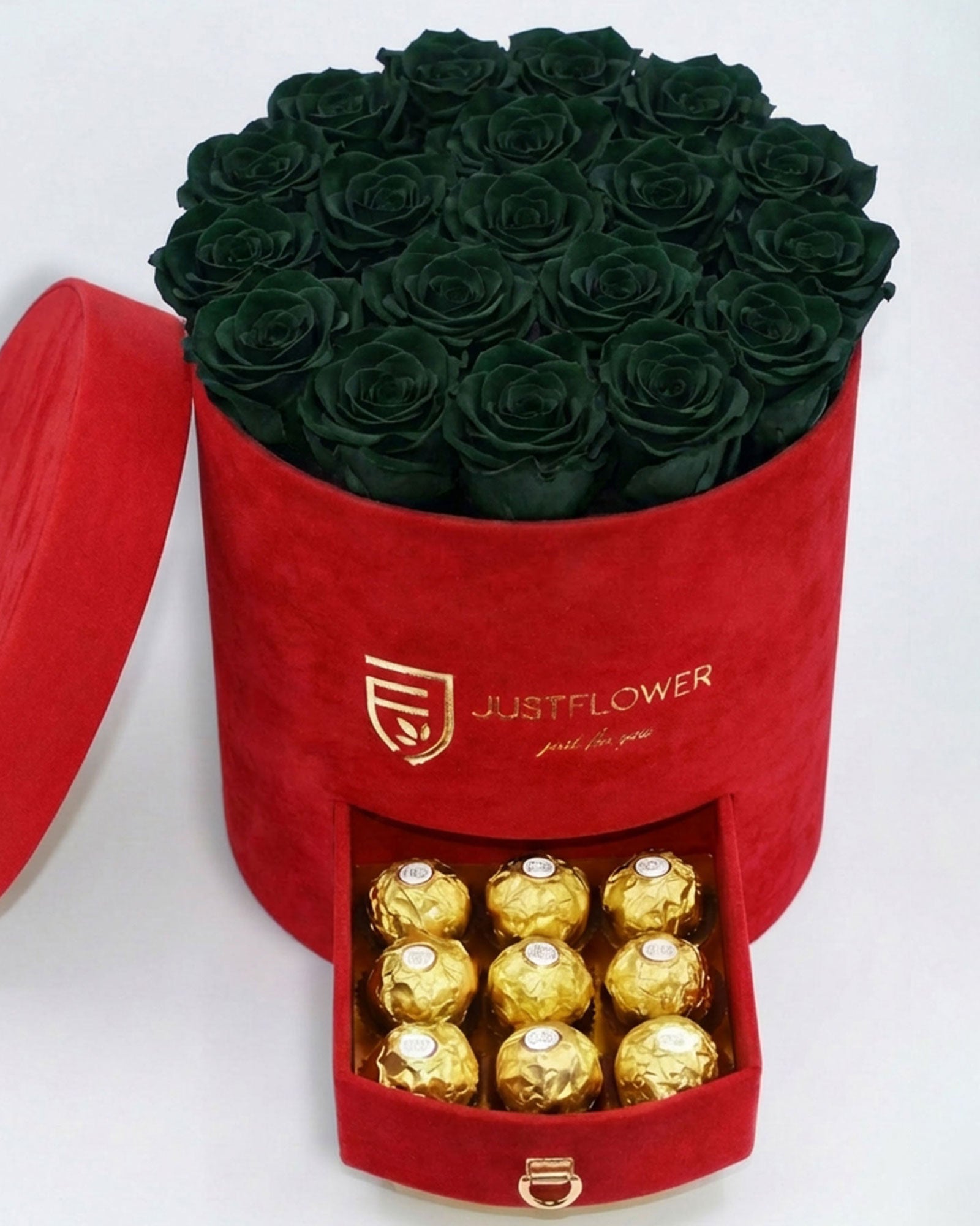 Rosenbox Rund Large Rot Velvet mit grünen Infinity Rosen und Schublade – aussergewöhnliche und moderne Kombination