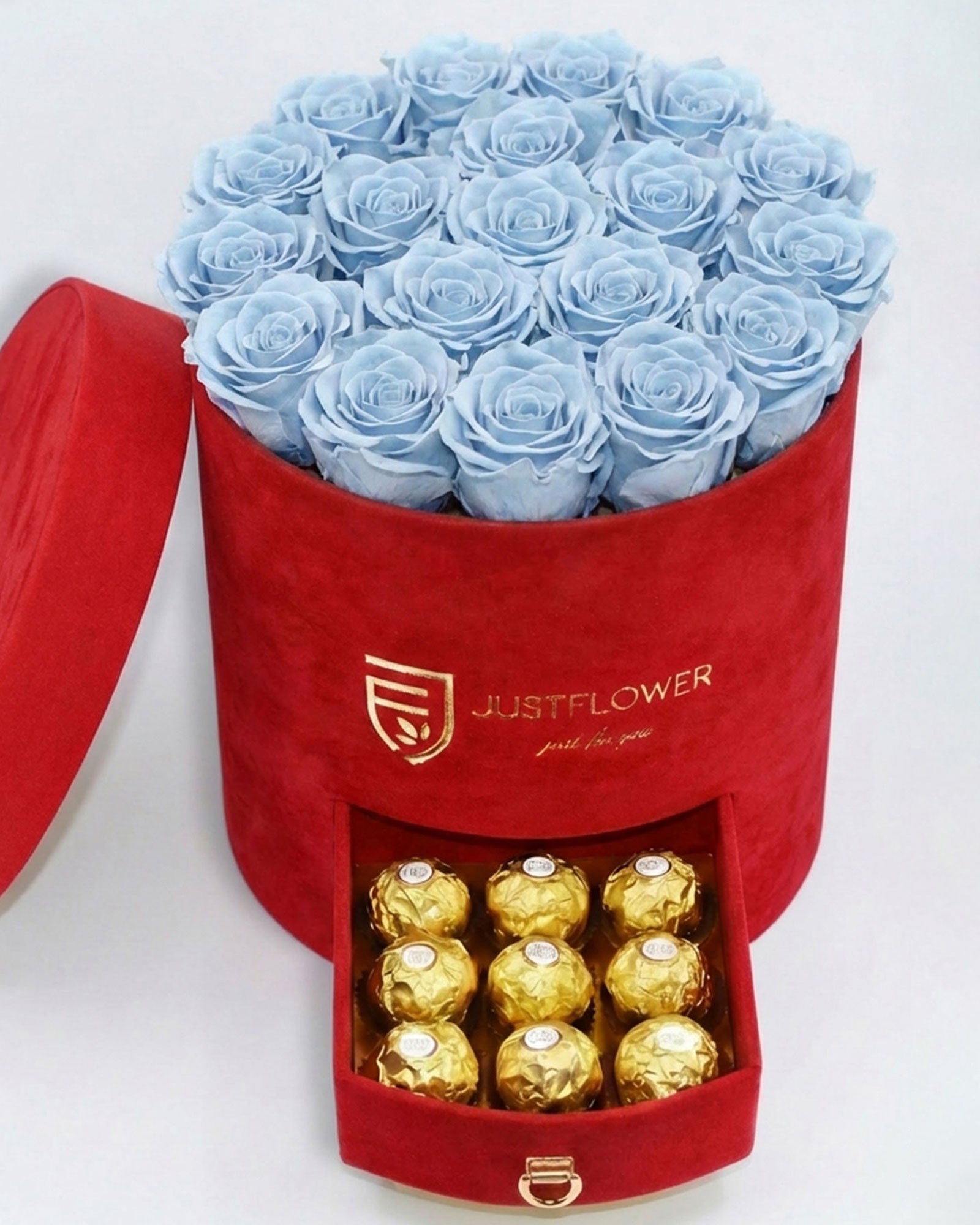 Rosenbox Rund Large Rot Velvet mit hellblauen Infinity Rosen und Schublade – frischer Kontrast mit moderner Wirkung
