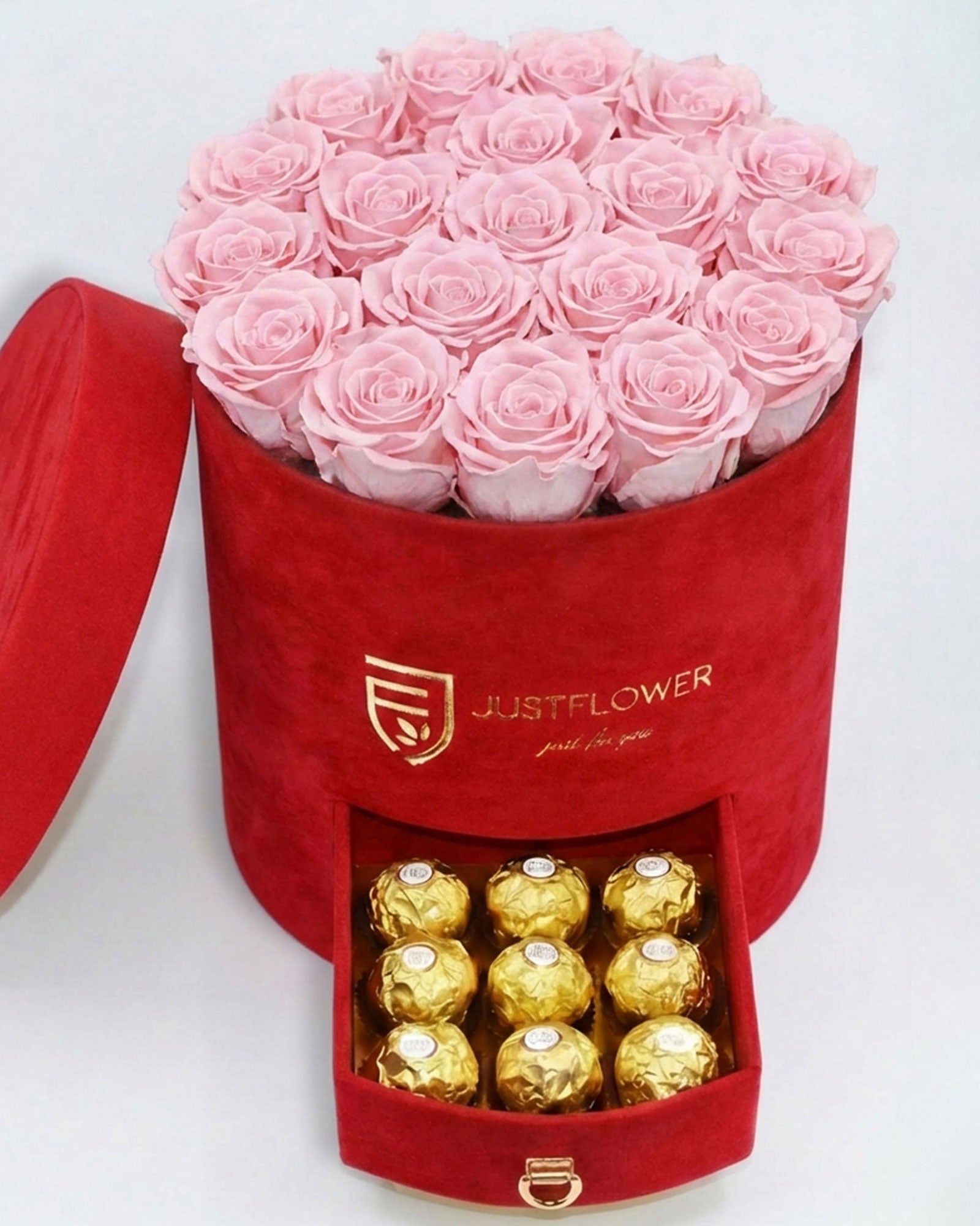 Rosenbox Rund Large Rot Velvet mit hellrosa Infinity Rosen und integrierter Schublade – zarte und stilvolle Geschenkbox