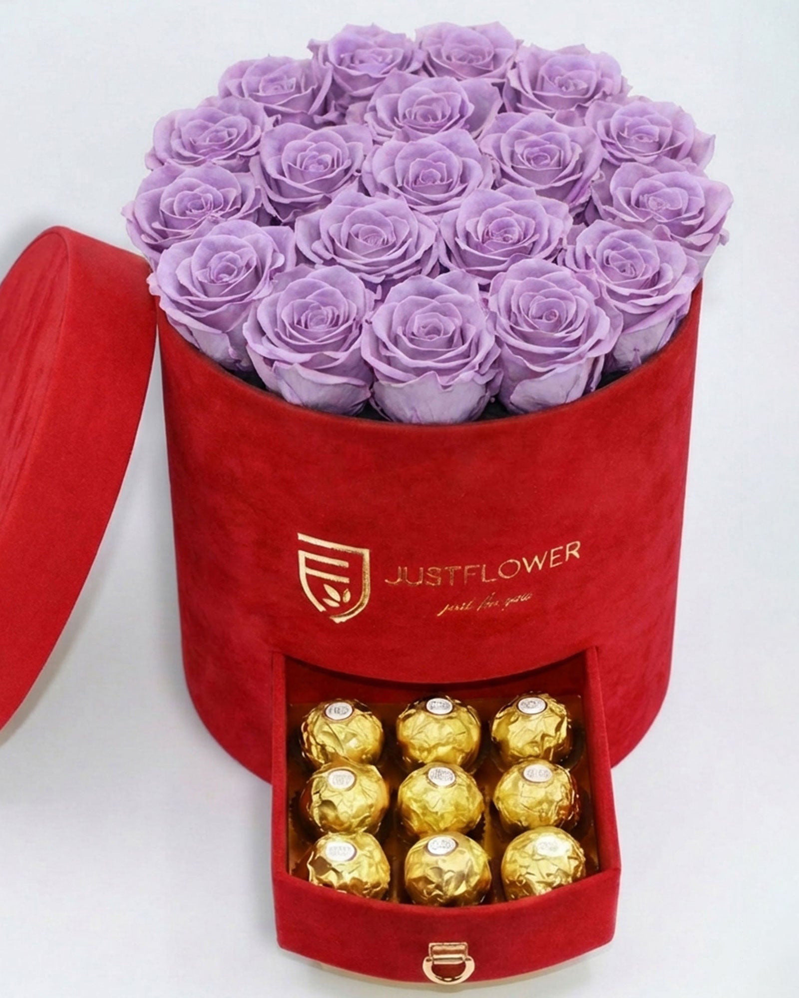 Rosenbox Rund Large Rot Velvet mit lila Infinity Rosen und integrierter Schublade – auffällige und luxuriöse Geschenkidee