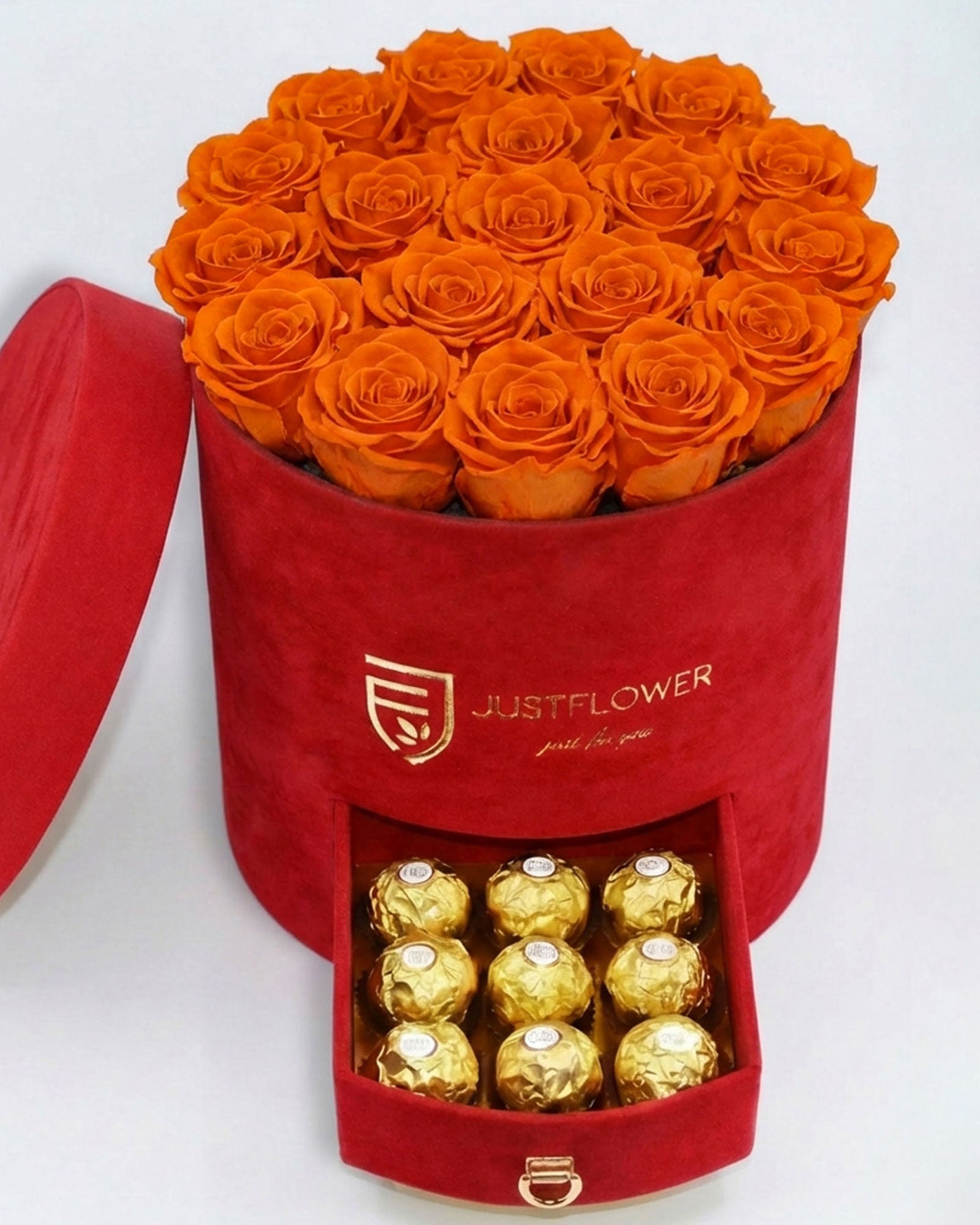 Rosenbox Rund Large Rot Velvet mit orangefarbenen Infinity Rosen und integrierter Schublade – warme und lebendige Geschenkidee