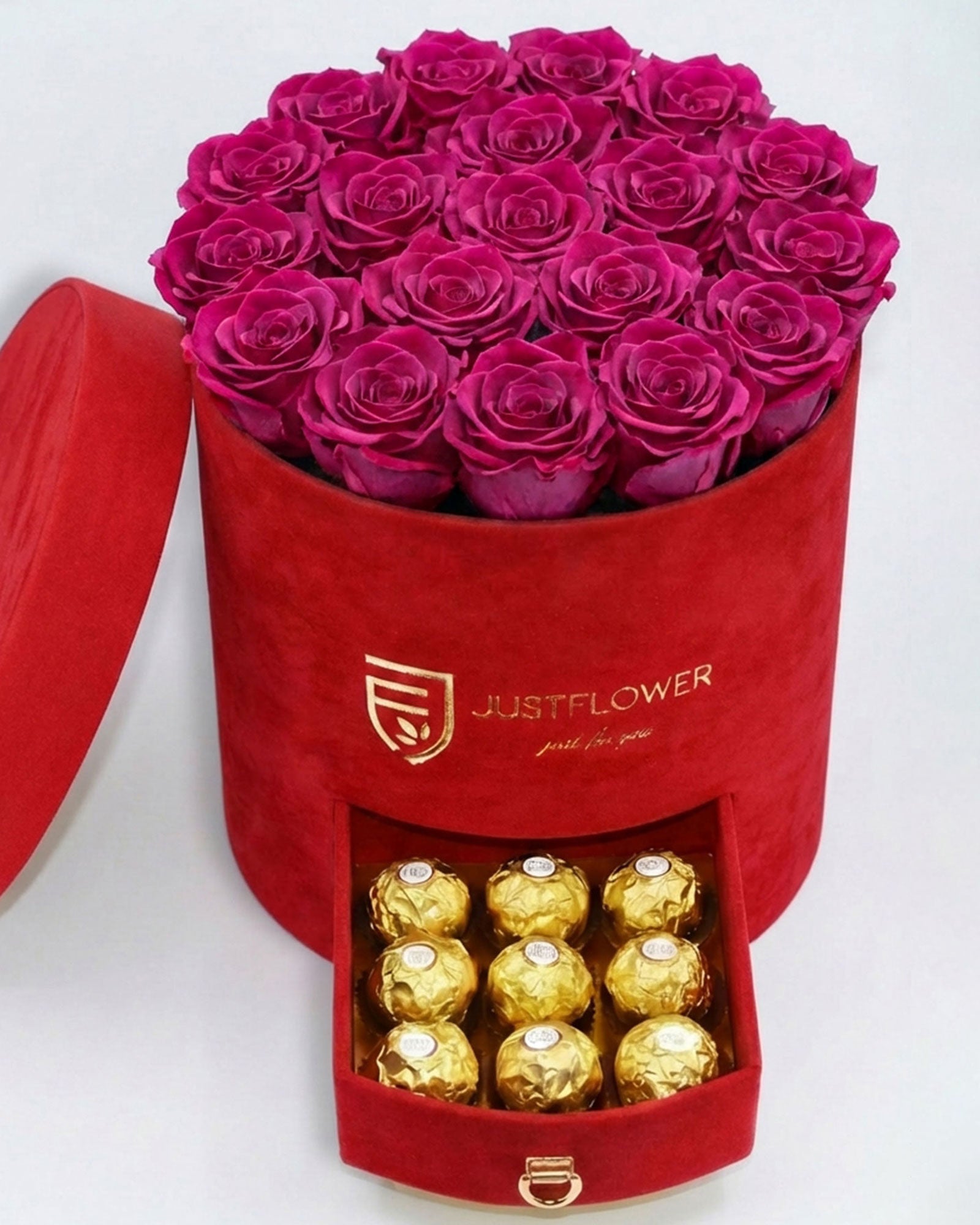 Rosenbox Rund Large Rot Velvet mit rosa Infinity Rosen und Schublade – harmonische Kombination für besondere Anlässe