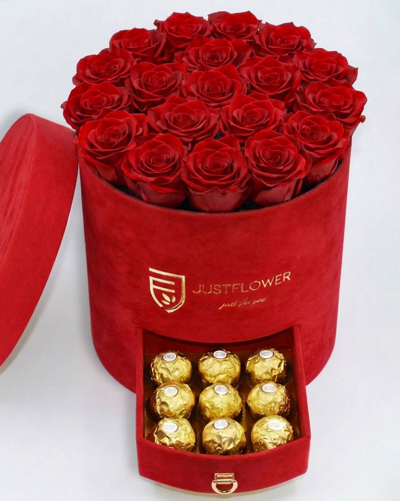 Rosenbox Rund Large in Rot Velvet mit ca. 16–20 roten Infinity Rosen und integrierter Schublade – romantische Geschenkidee von JustFlower Schweiz
