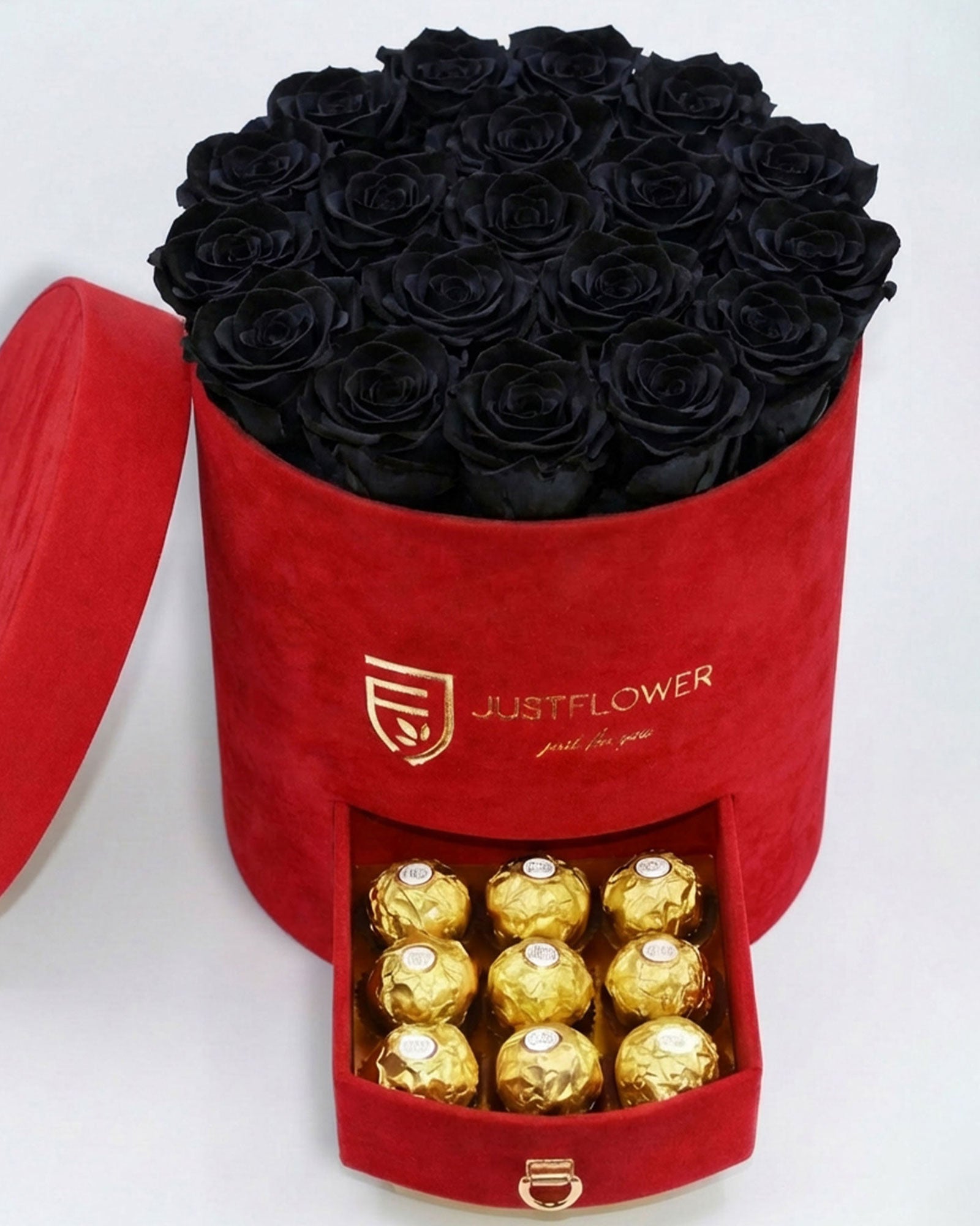 Rosenbox Rund Large Rot Velvet mit schwarzen Infinity Rosen und Schublade – stilvoller Kontrast mit modernem Look