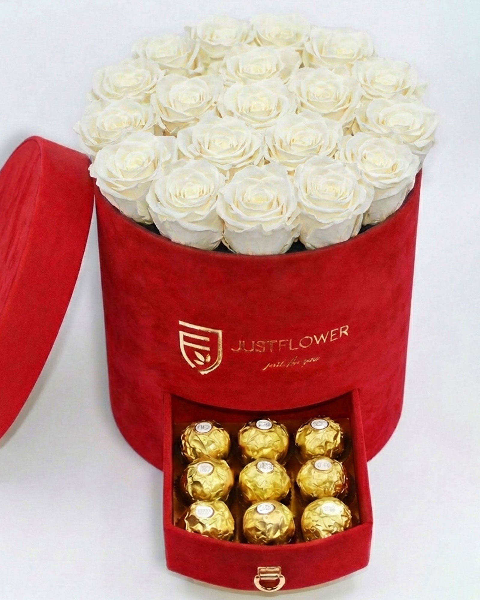 Rosenbox Rund Large Rot Velvet mit weissen Infinity Rosen und integrierter Schublade – elegante und klassische Rosenbox