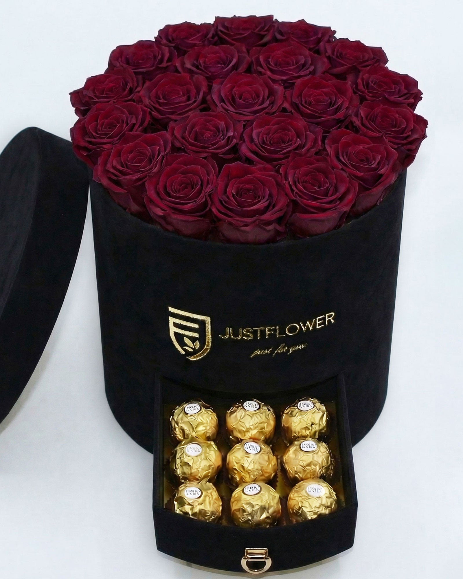 Rosenbox Rund Large Schwarz Velvet mit burgundfarbenen Infinity Rosen und Schublade – luxuriöse und elegante Geschenkbox