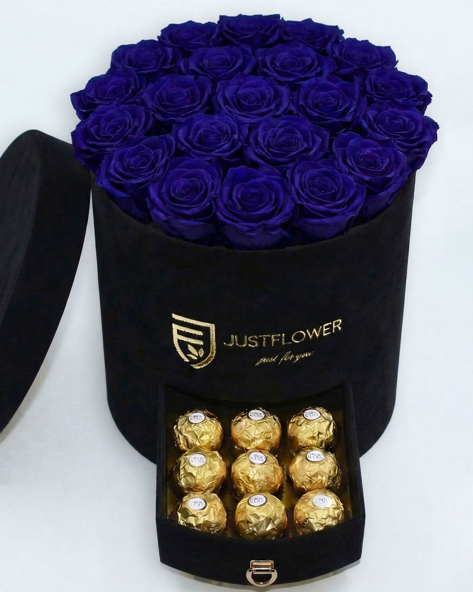 Rosenbox Rund Large Schwarz Velvet mit dunkelblauen Infinity Rosen und Schublade – edles und tiefes Farbdesign