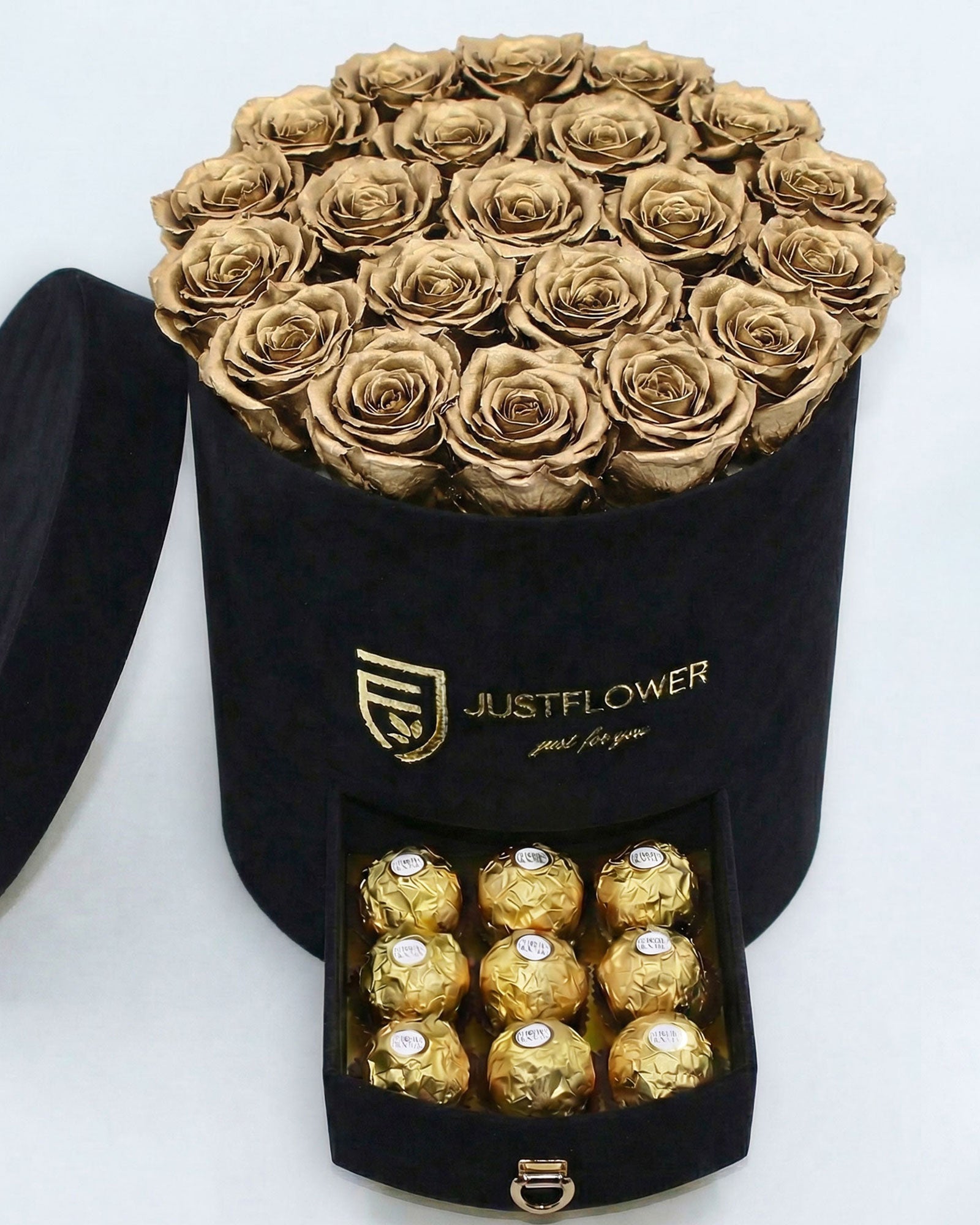 Rosenbox Rund Large Schwarz Velvet mit goldenen Infinity Rosen und integrierter Schublade – luxuriöse Rosenbox für exklusive Geschenke