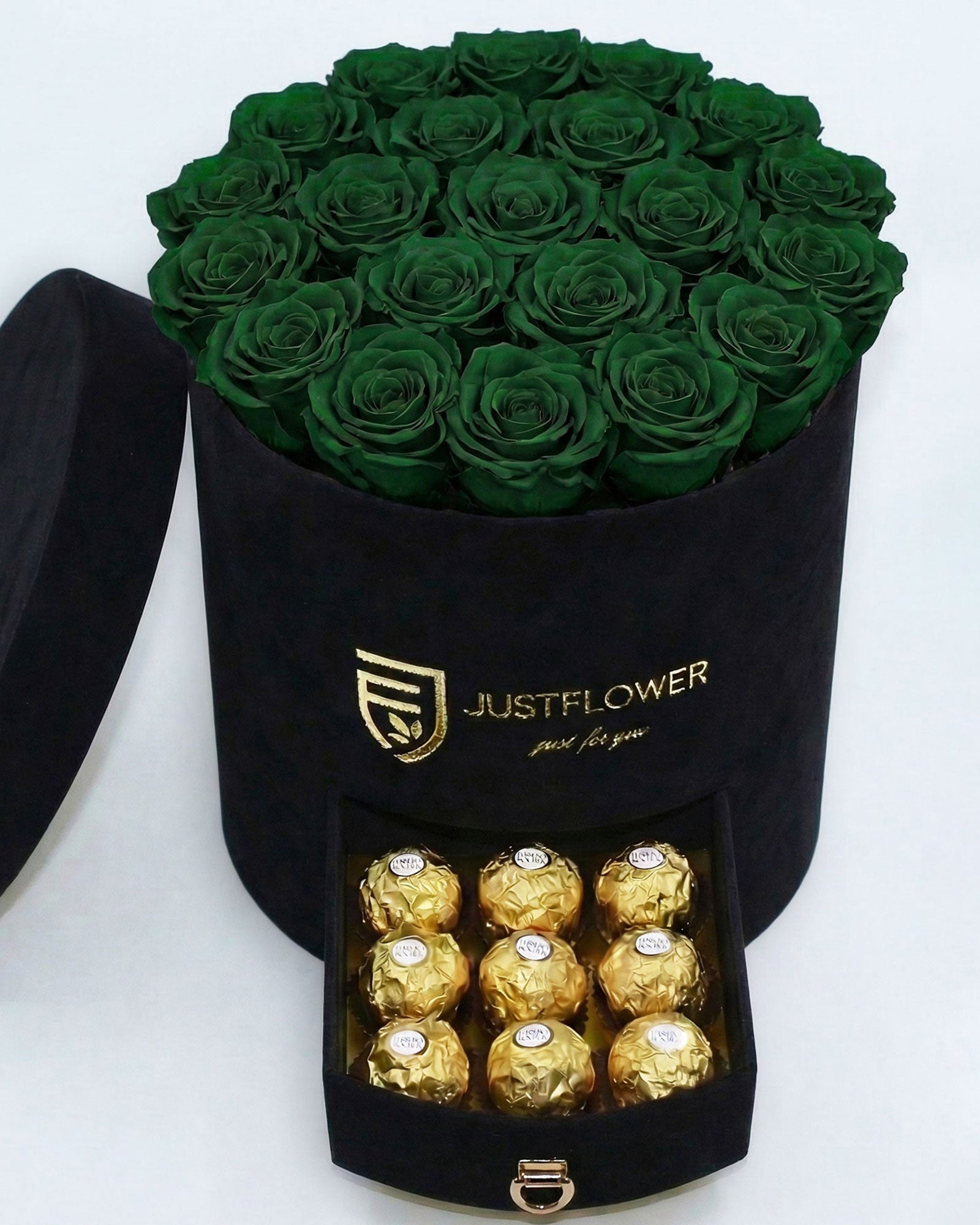 Rosenbox Rund Large Schwarz Velvet mit grünen Infinity Rosen und integrierter Schublade – aussergewöhnliche und moderne Rosenbox