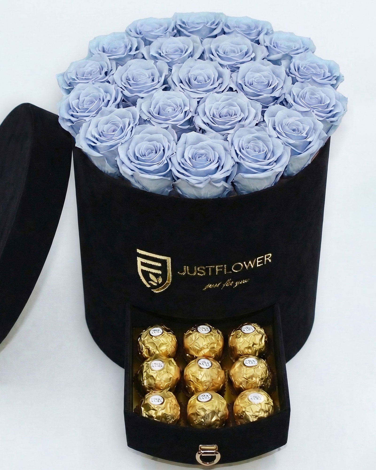 Rosenbox Rund Large Schwarz Velvet mit hellblauen Infinity Rosen und integrierter Schublade – kreative und stilvolle Geschenkbox