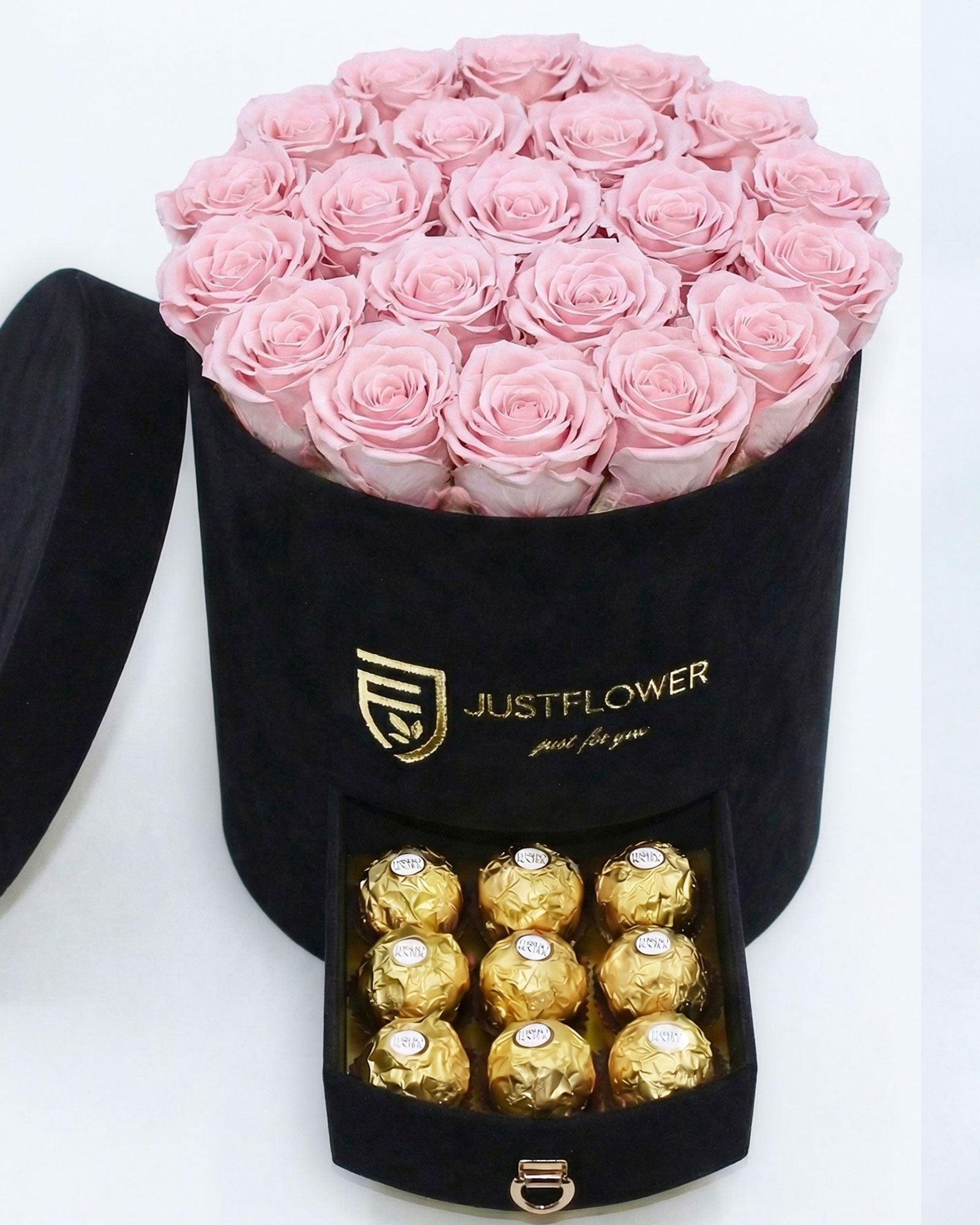 Rosenbox Rund Large Schwarz Velvet mit hellrosa Infinity Rosen und Schublade – harmonische und stilvolle Geschenkidee
