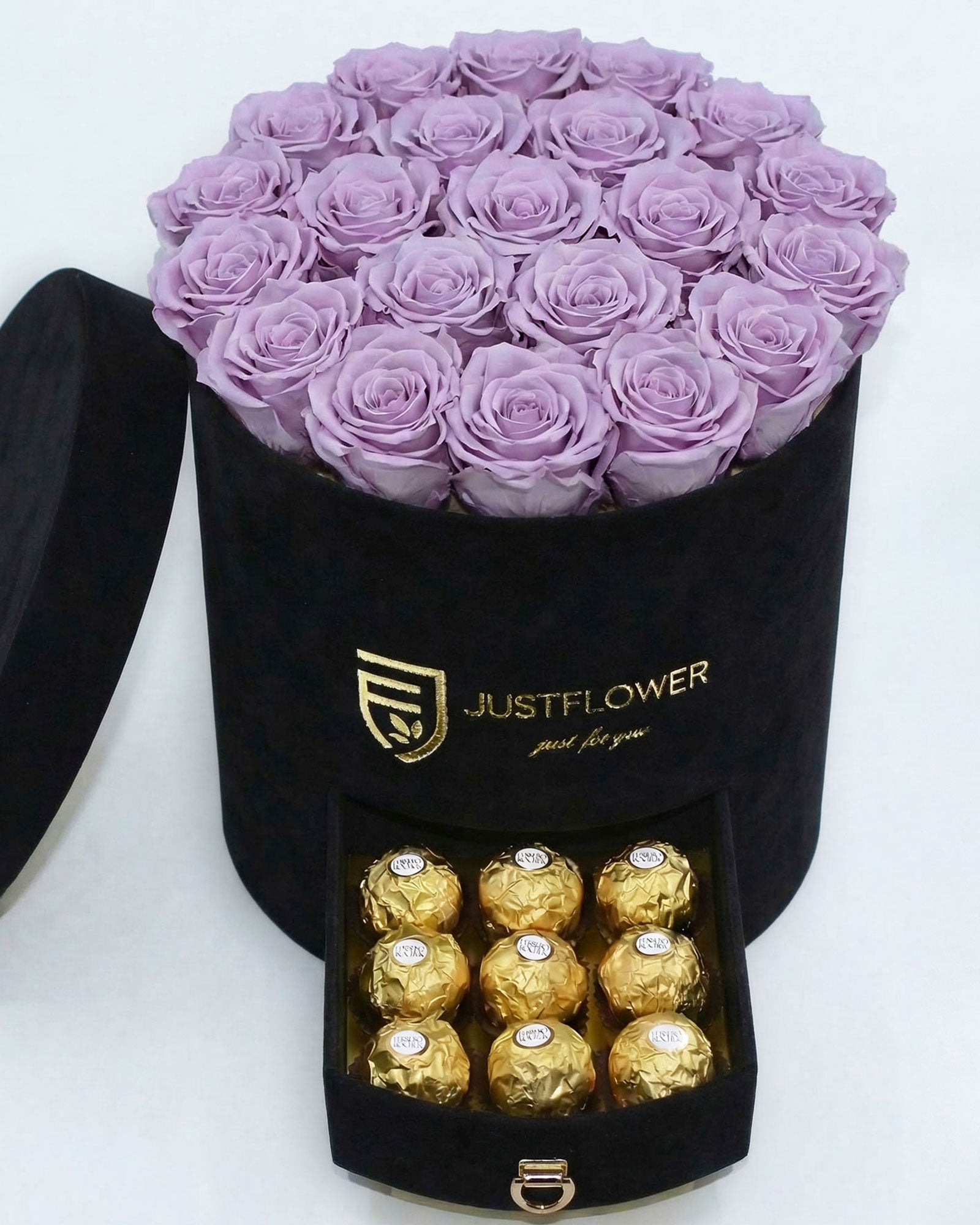 Rosenbox Rund Large Schwarz Velvet mit lila Infinity Rosen und Schublade – auffällige und luxuriöse Dekoration