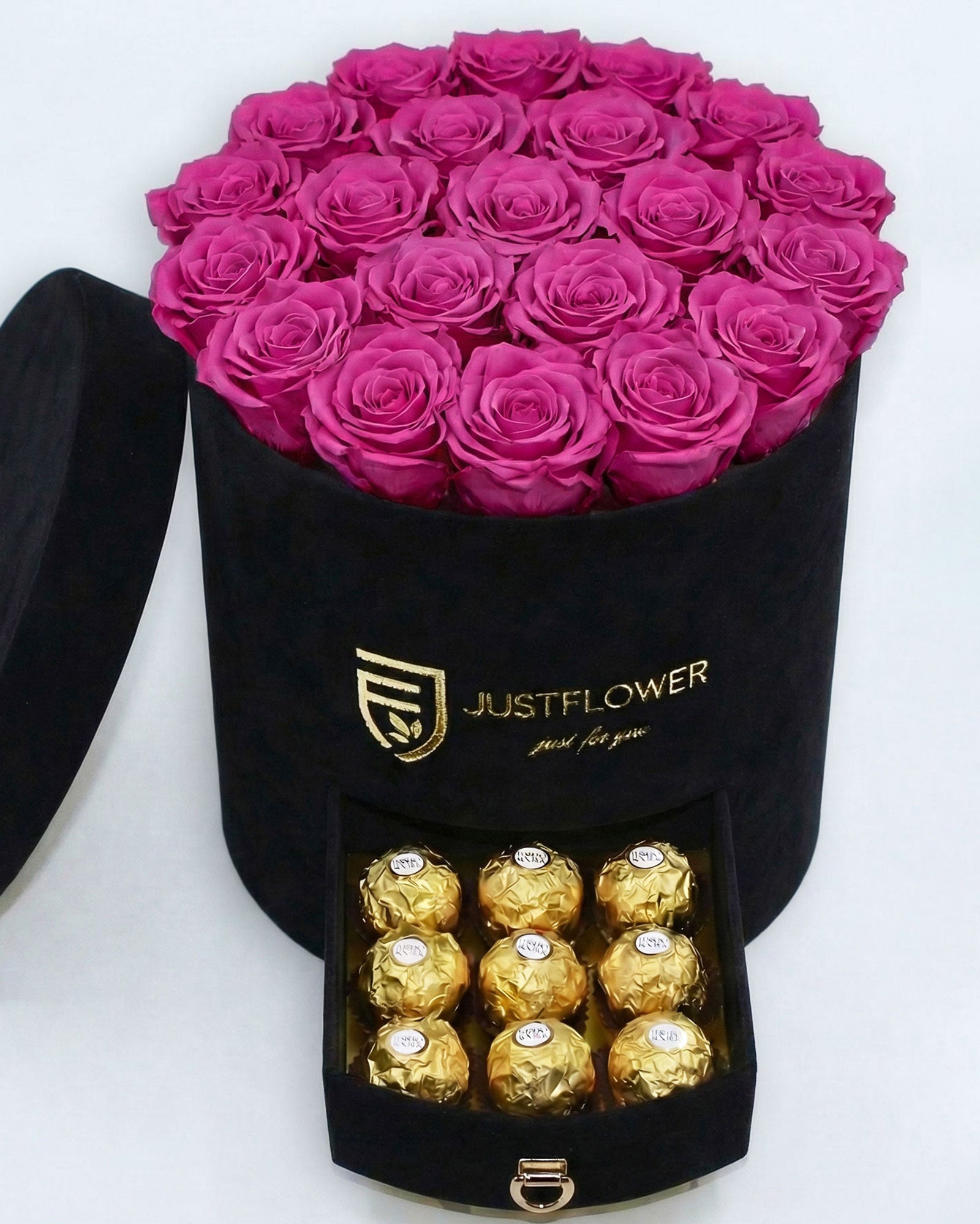 Rosenbox Rund Large Schwarz Velvet mit rosa Infinity Rosen und integrierter Schublade – moderne und romantische Kombination