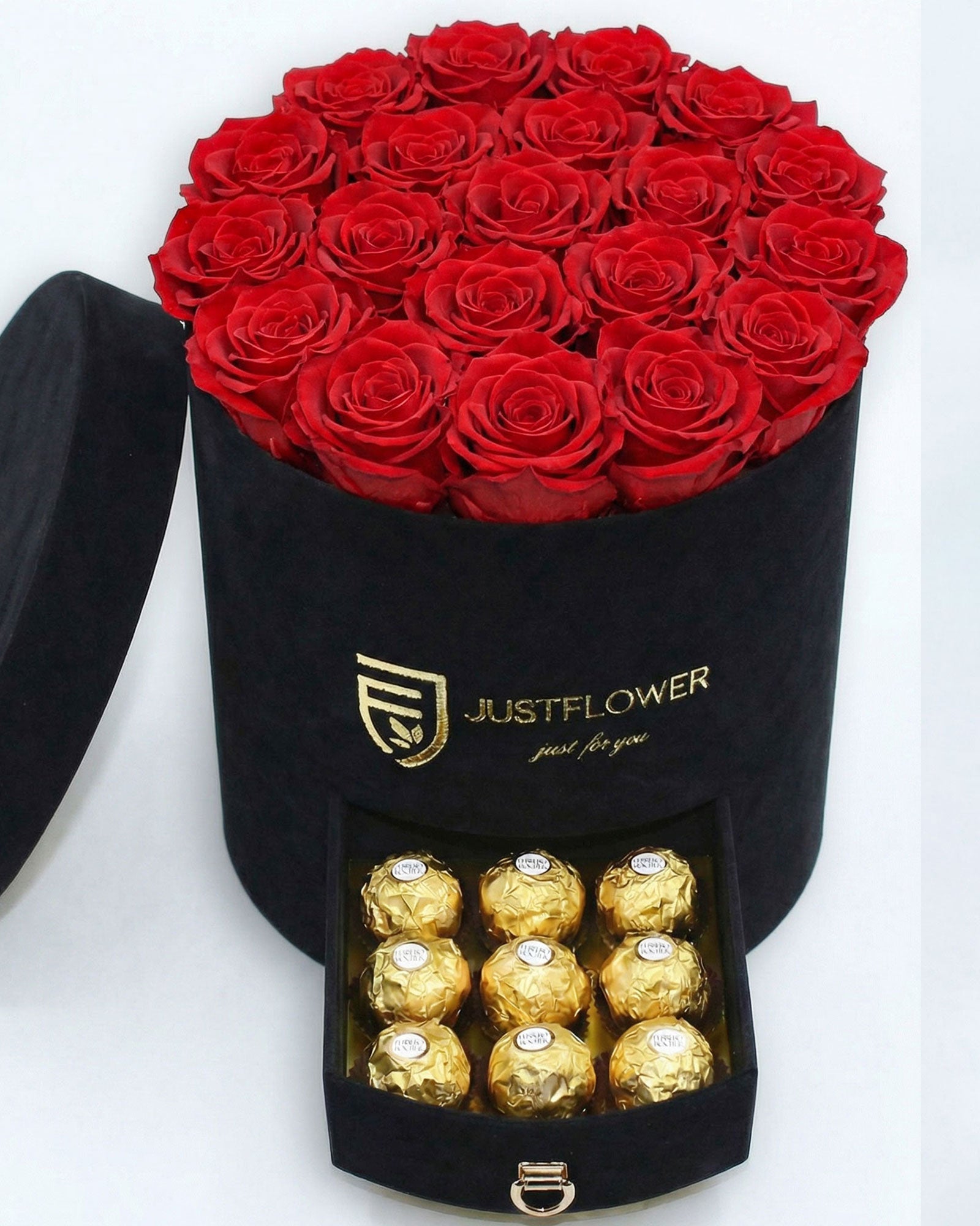 Rosenbox Rund Large Schwarz Velvet mit roten Infinity Rosen und Schublade – edle und kontrastreiche Geschenkidee