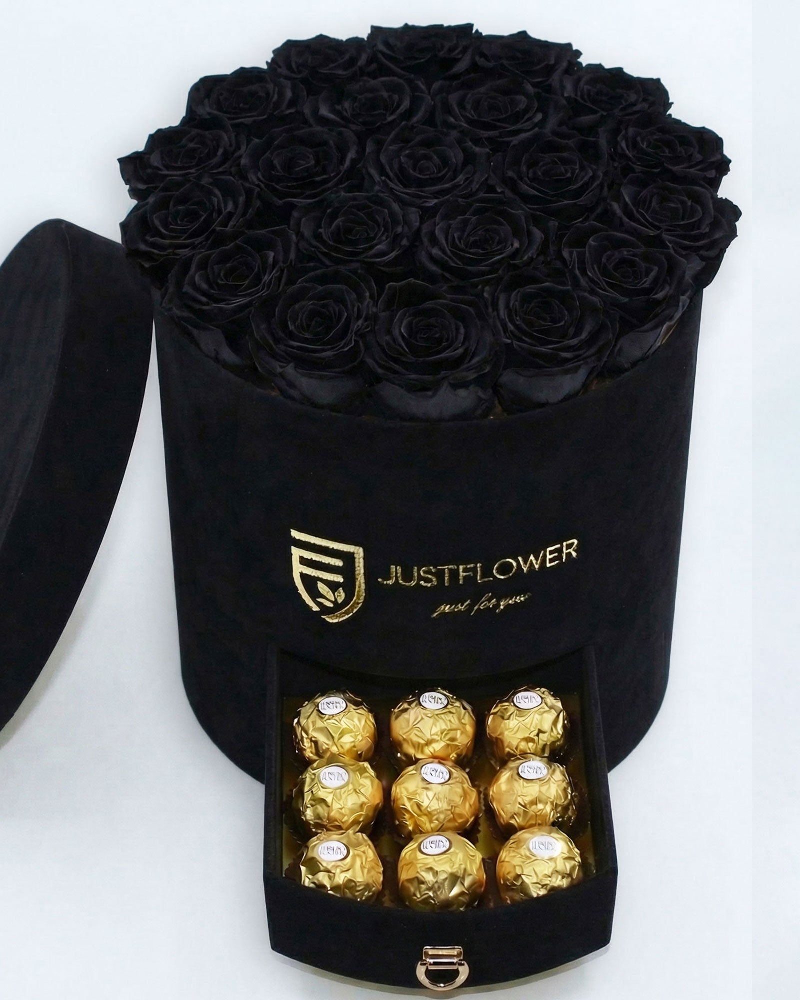 Rosenbox Rund Large in Schwarz Velvet mit ca. 16–20 Infinity Rosen in Schwarz und integrierter Schublade – luxuriöse Geschenkbox von JustFlower Schweiz