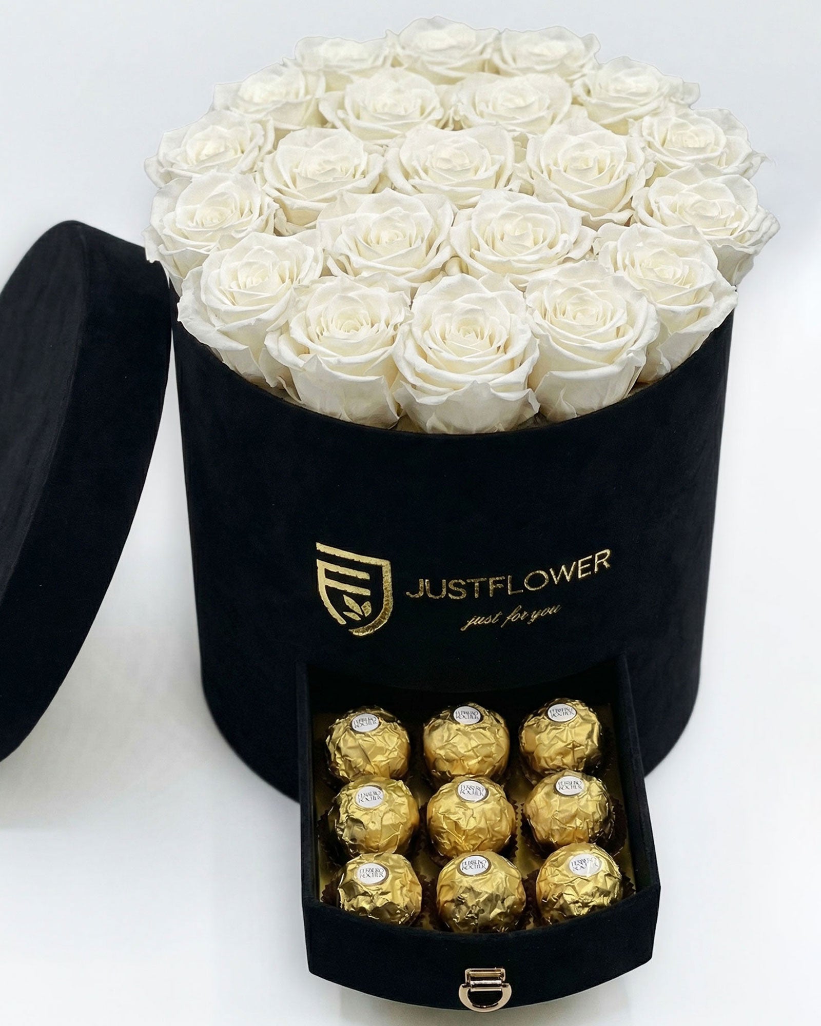Rosenbox Rund Large Schwarz Velvet mit weissen Infinity Rosen und integrierter Schublade – stilvolle und elegante Rosenbox