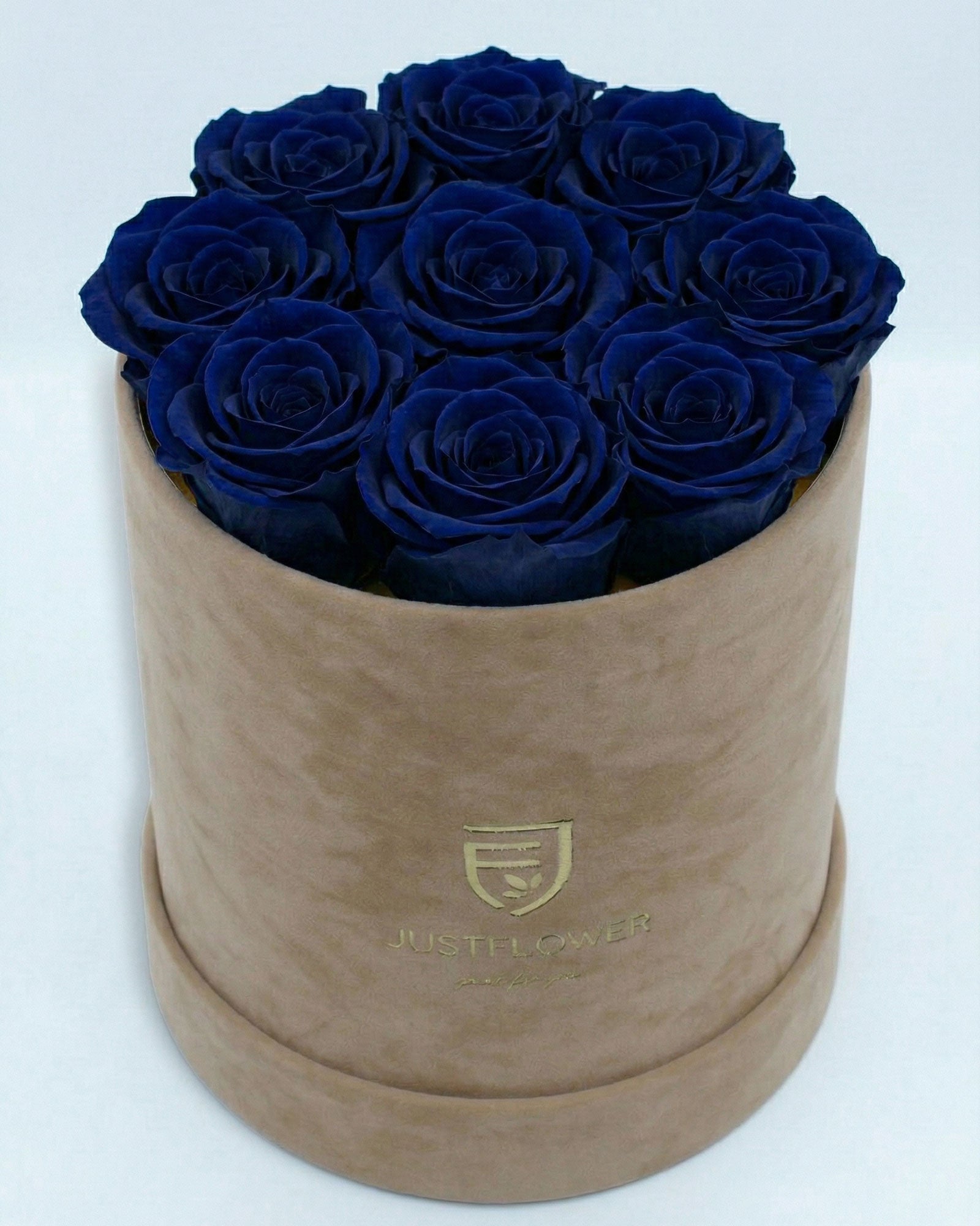 Rosenbox Rund Medium Beige Velvet mit dunkelblauen Infinity Rosen – edles und kontrastreiches Design