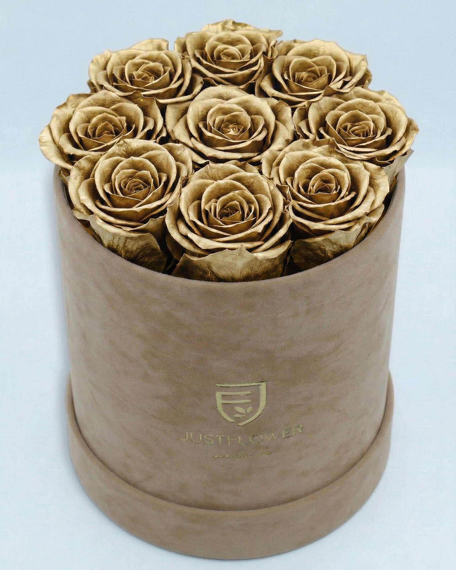 Rosenbox Rund Medium Beige Velvet mit goldenen Infinity Rosen – luxuriöse Rosenbox für exklusive Geschenke