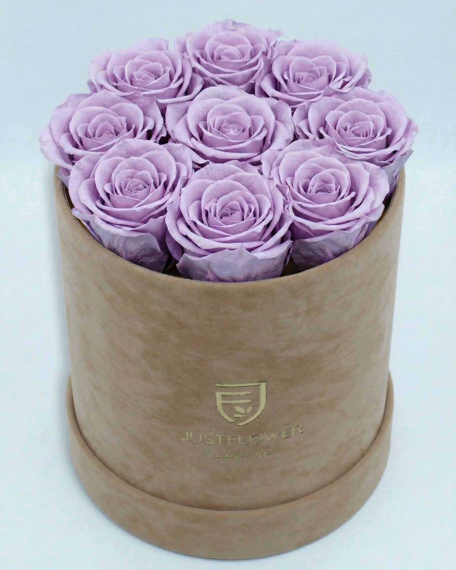 Rosenbox Rund Medium Beige Velvet mit lila Infinity Rosen – auffällige und elegante Geschenkidee