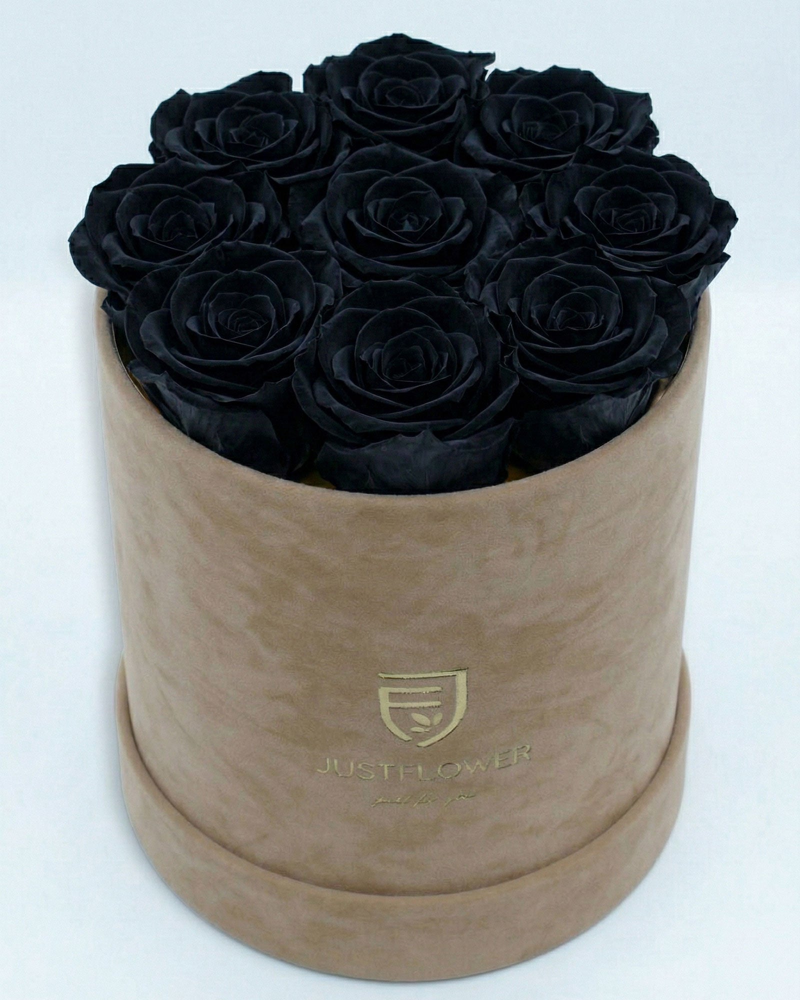 Rosenbox Rund Medium Beige Velvet mit schwarzen Infinity Rosen – edle und moderne Geschenkidee