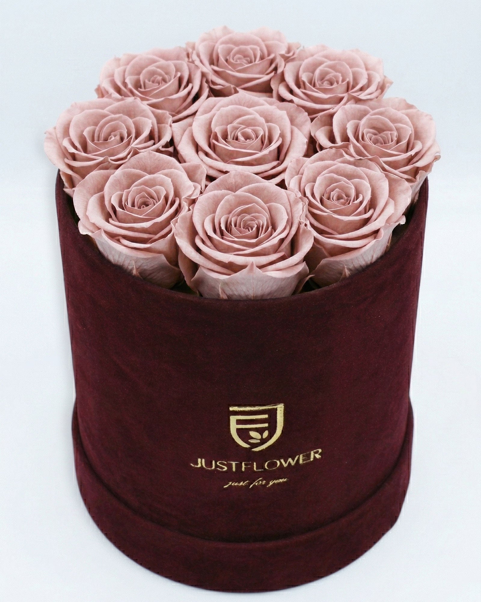 Rosenbox Rund Medium Burgund Velvet mit altrosa Infinity Rosen – luxuriöse Rosenbox im eleganten Stil