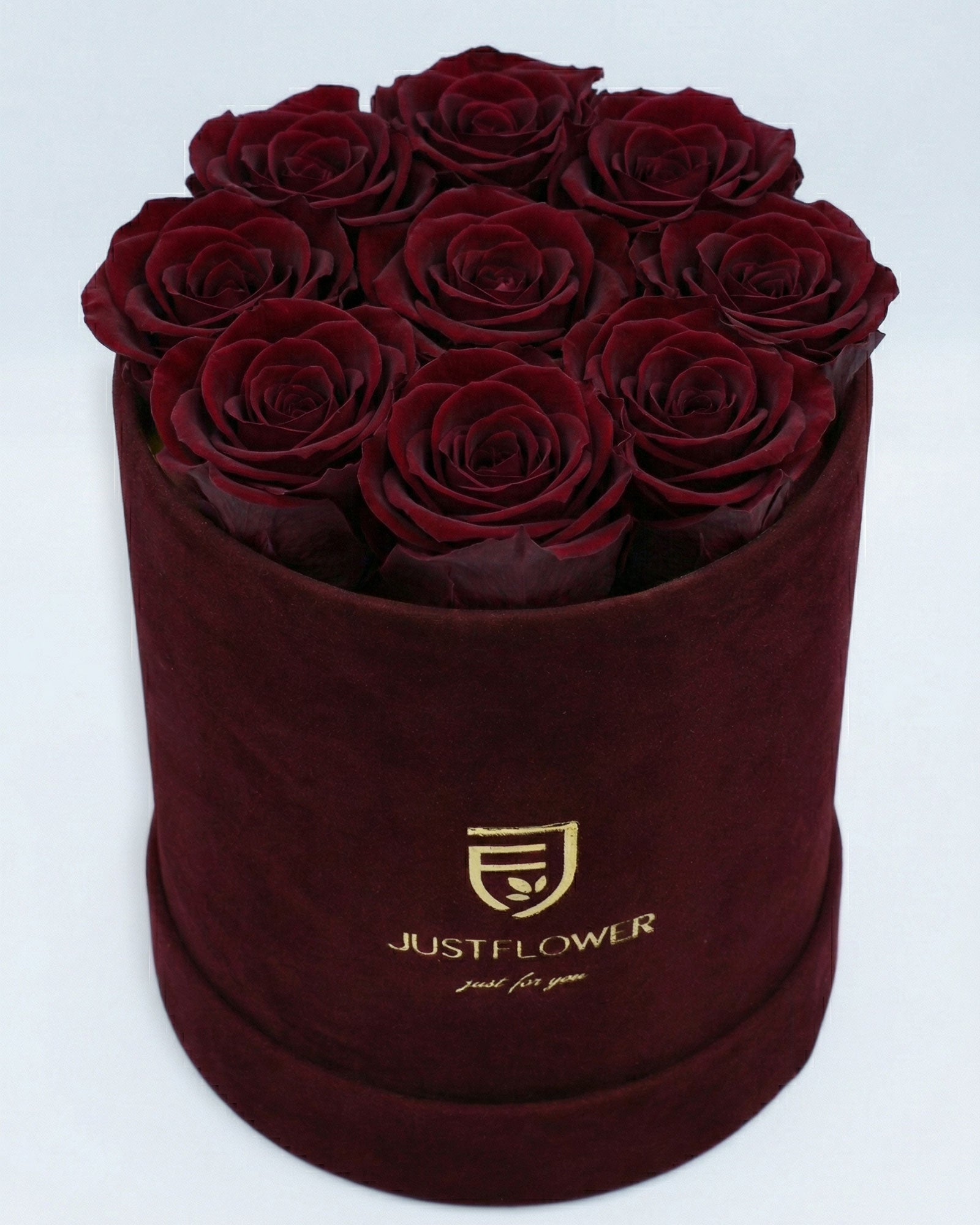 Rosenbox Rund Medium in Burgund Velvet mit ca. 9–11 Infinity Rosen in Burgund – elegante Geschenkbox von JustFlower Schweiz