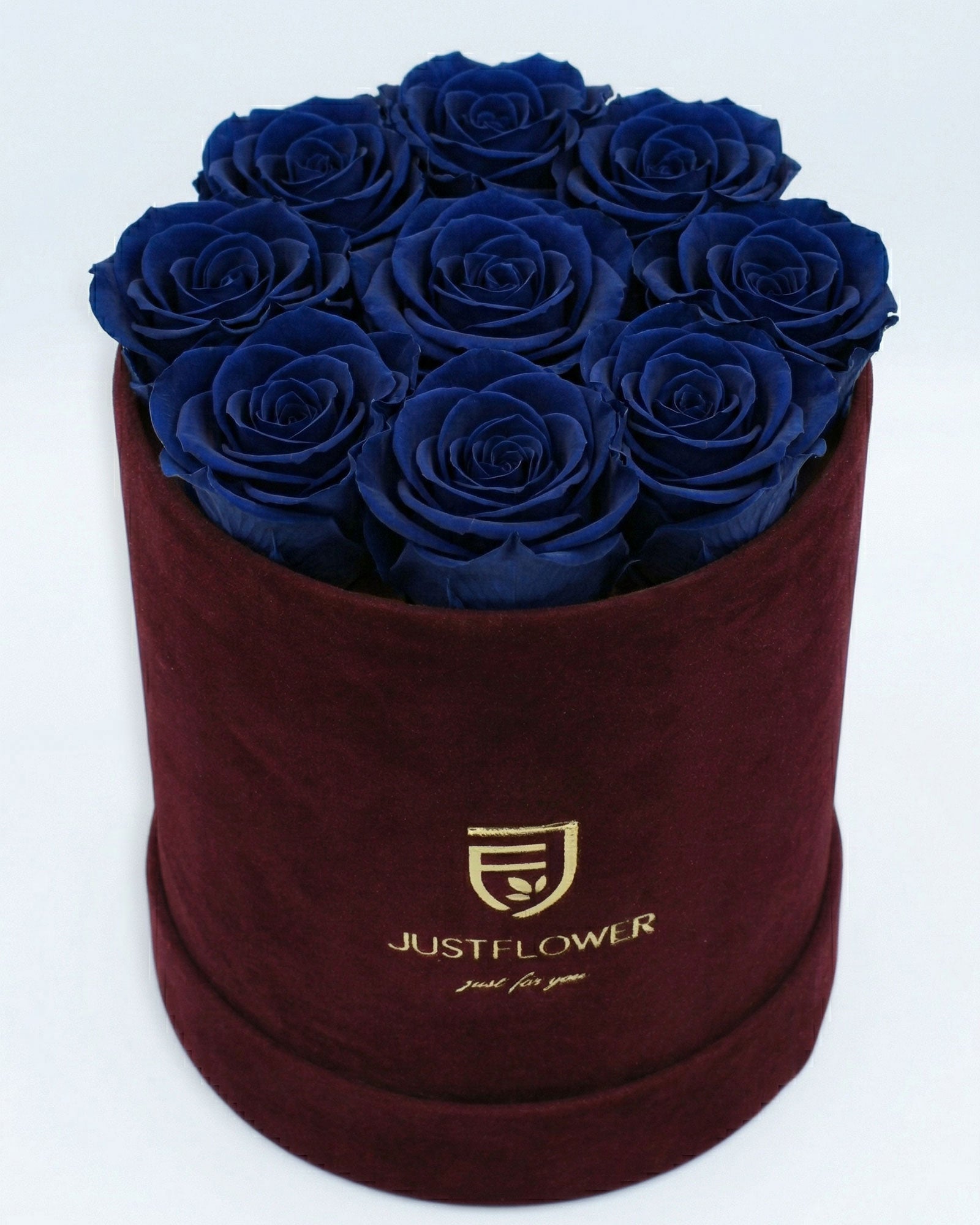 Rosenbox Rund Medium Burgund Velvet mit dunkelblauen Infinity Rosen – edles und modernes Farbdesign